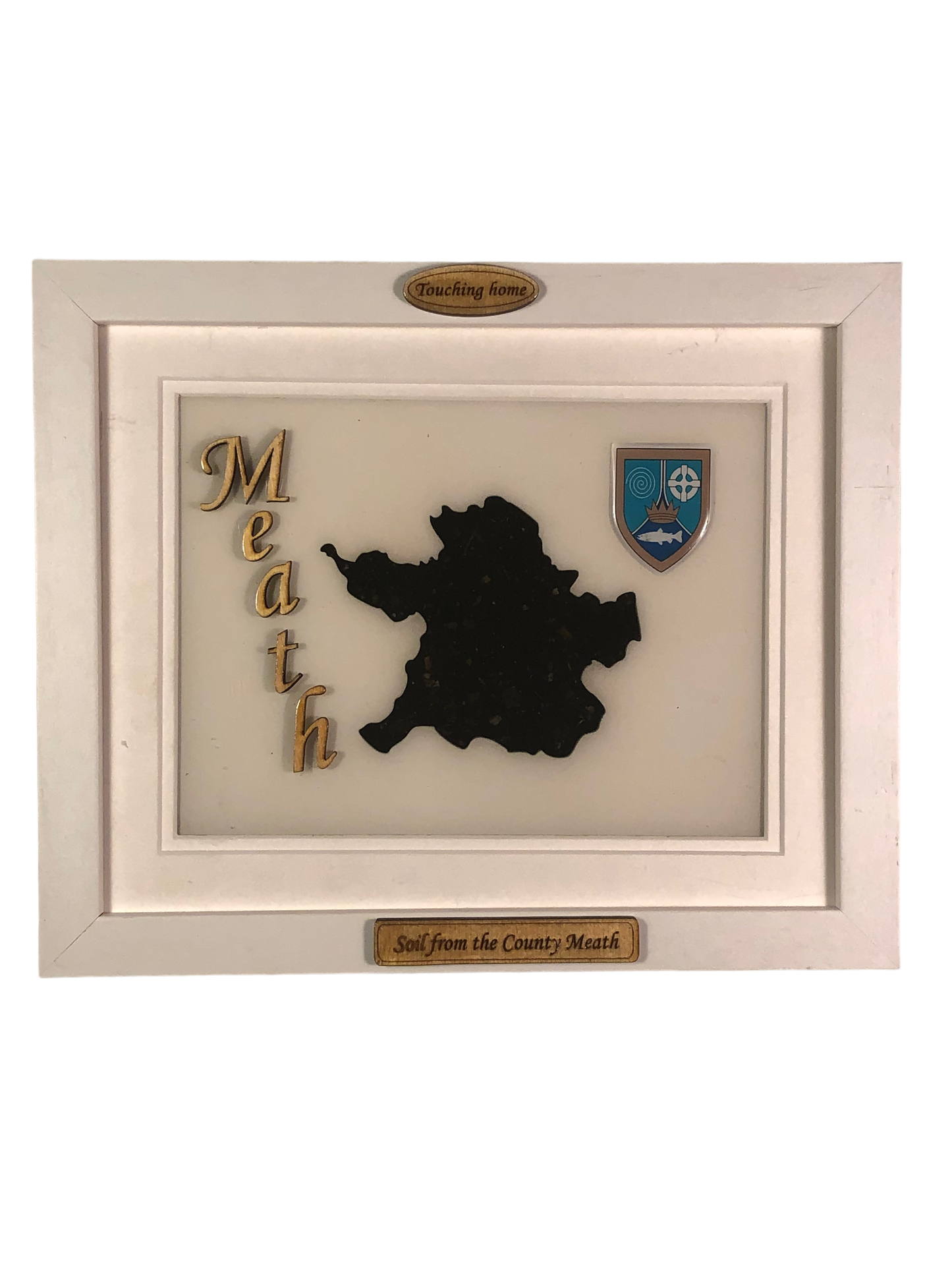 County Meath white wood style plaque with authentic Meath soil encased and displayed within