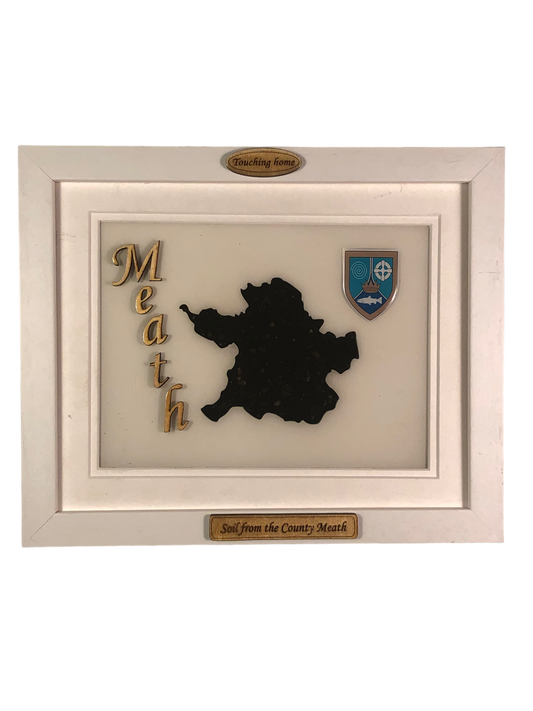 County Meath white wood style plaque with authentic Meath soil encased and displayed within