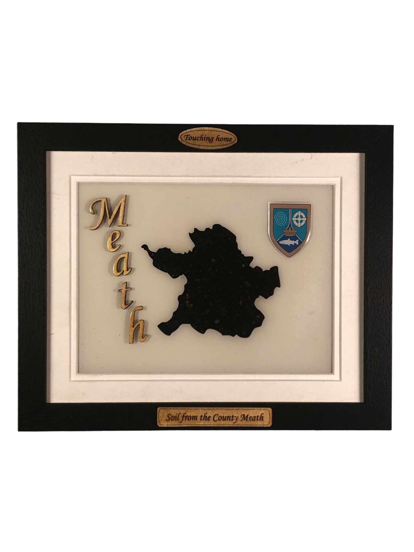 County Meath white wood style plaque with authentic Meath soil encased and displayed within