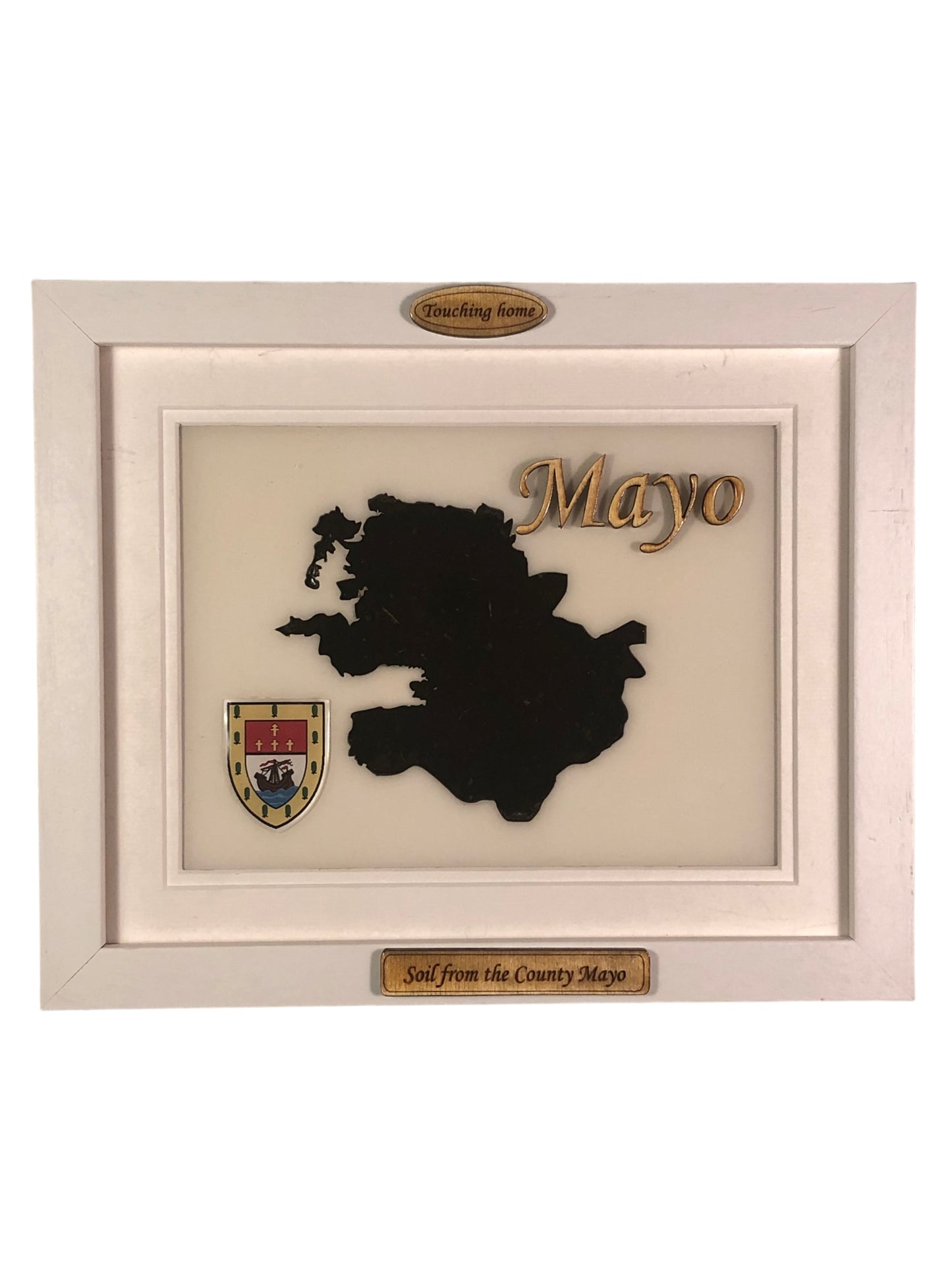 County Mayo white wood style plaque with authentic Mayo soil encased and displayed within