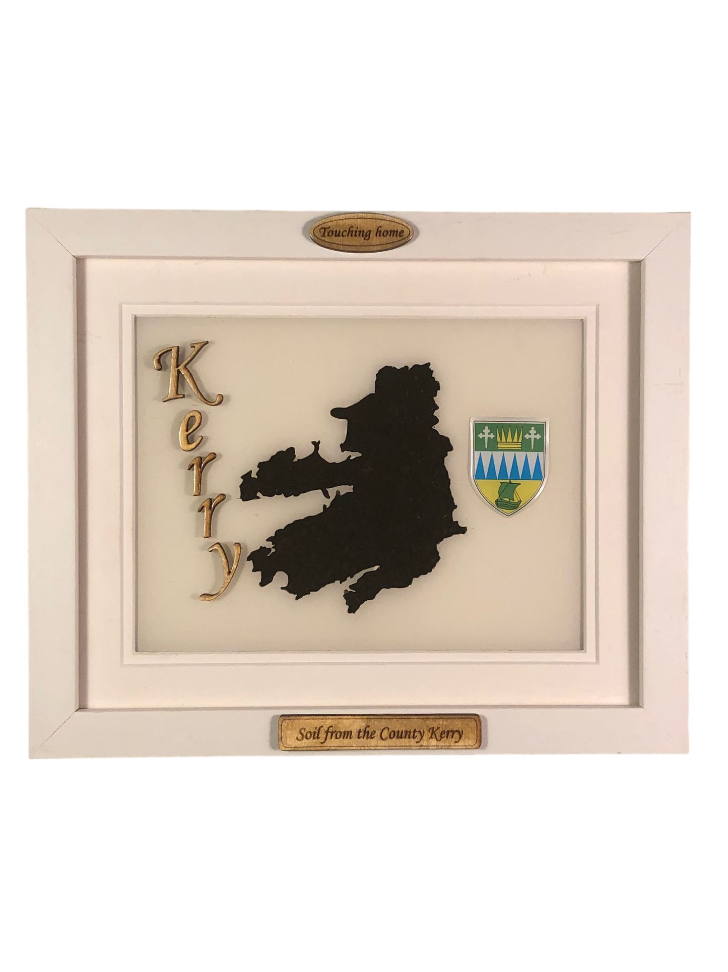 County Kerry white wood style plaque with authentic Kerry soil encased and displayed within