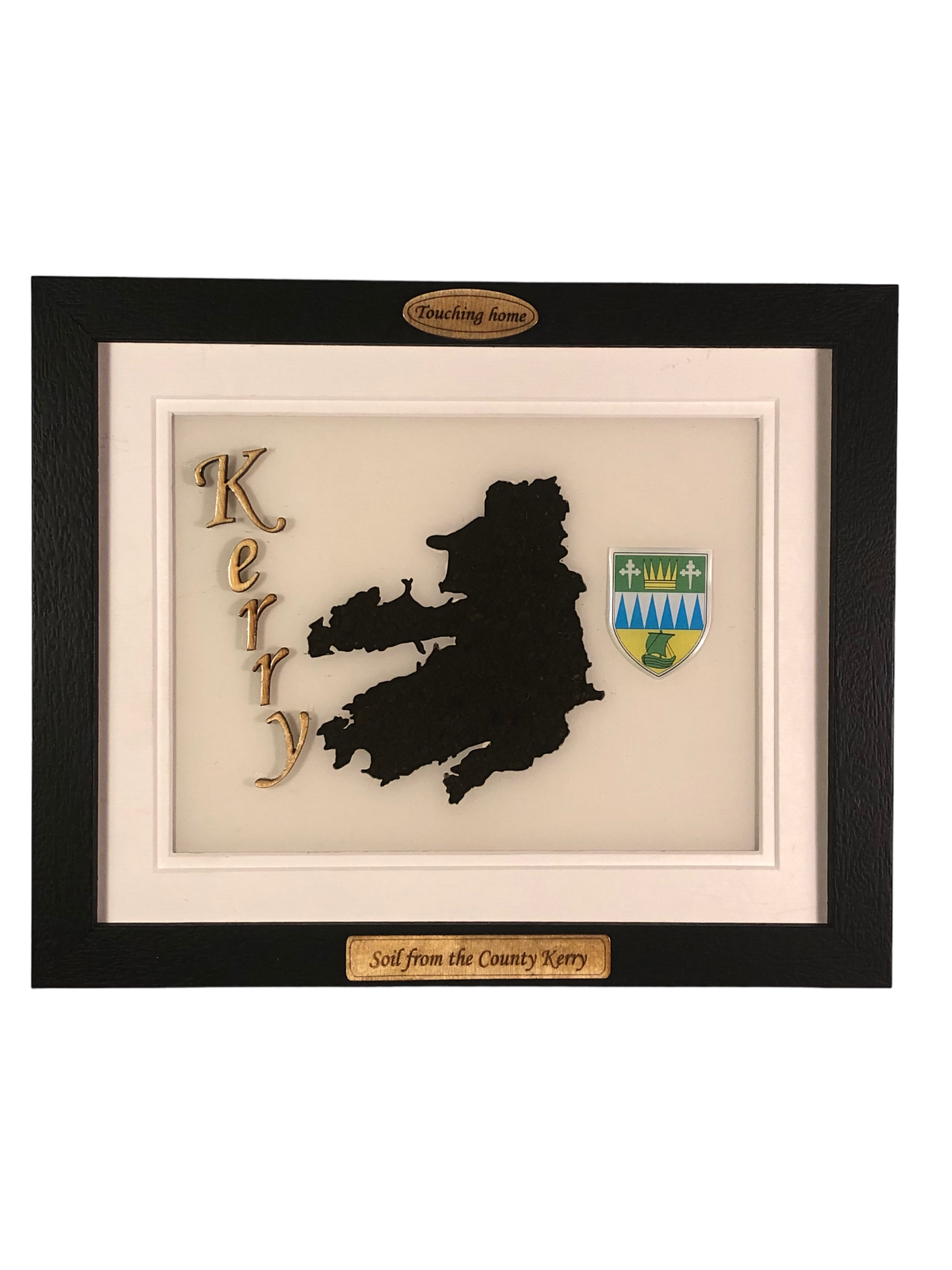 County Kerry white wood style plaque with authentic Kerry soil encased and displayed within