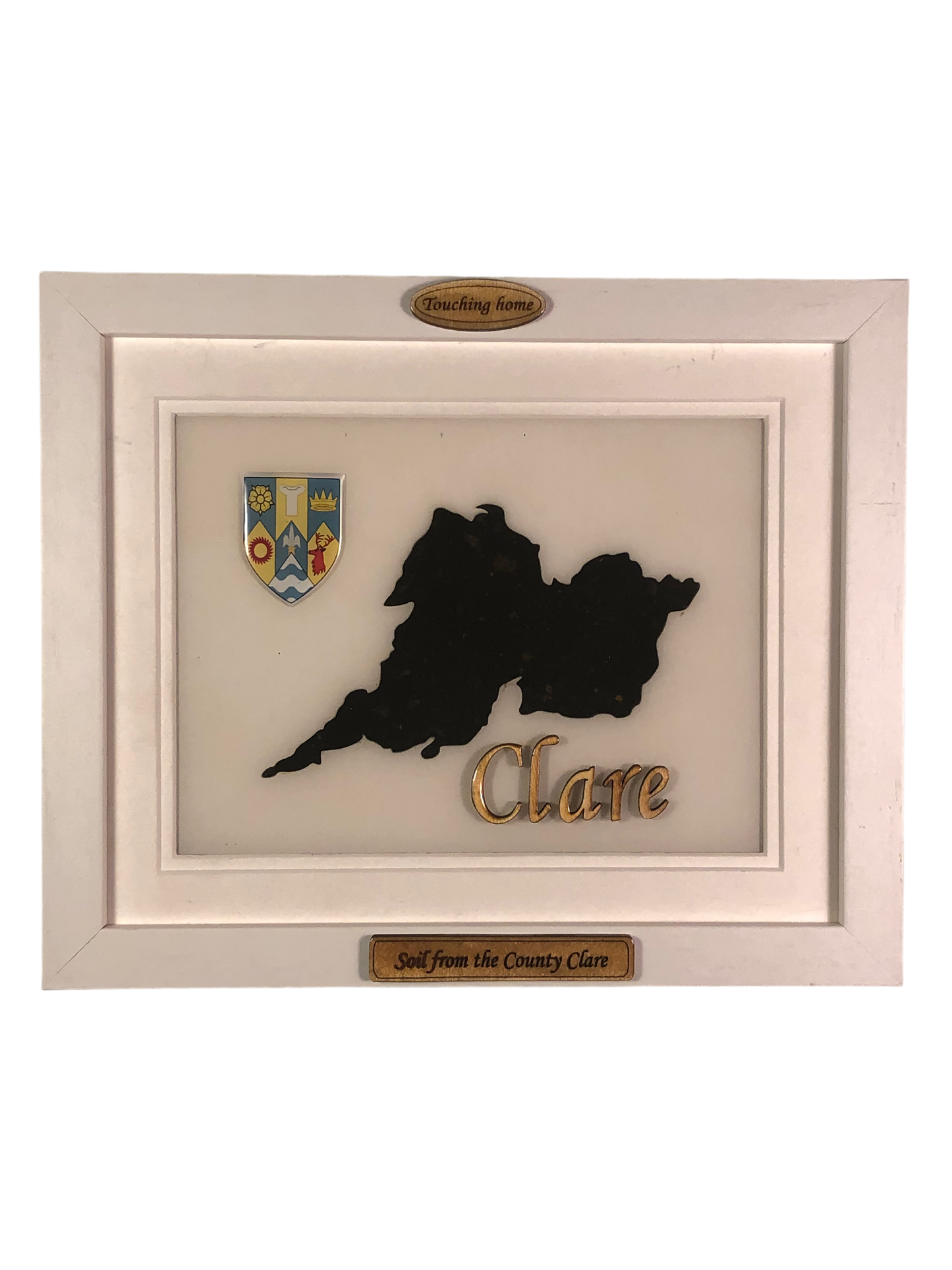 County Clare white wood style plaque with authentic Clare soil encased and displayed within