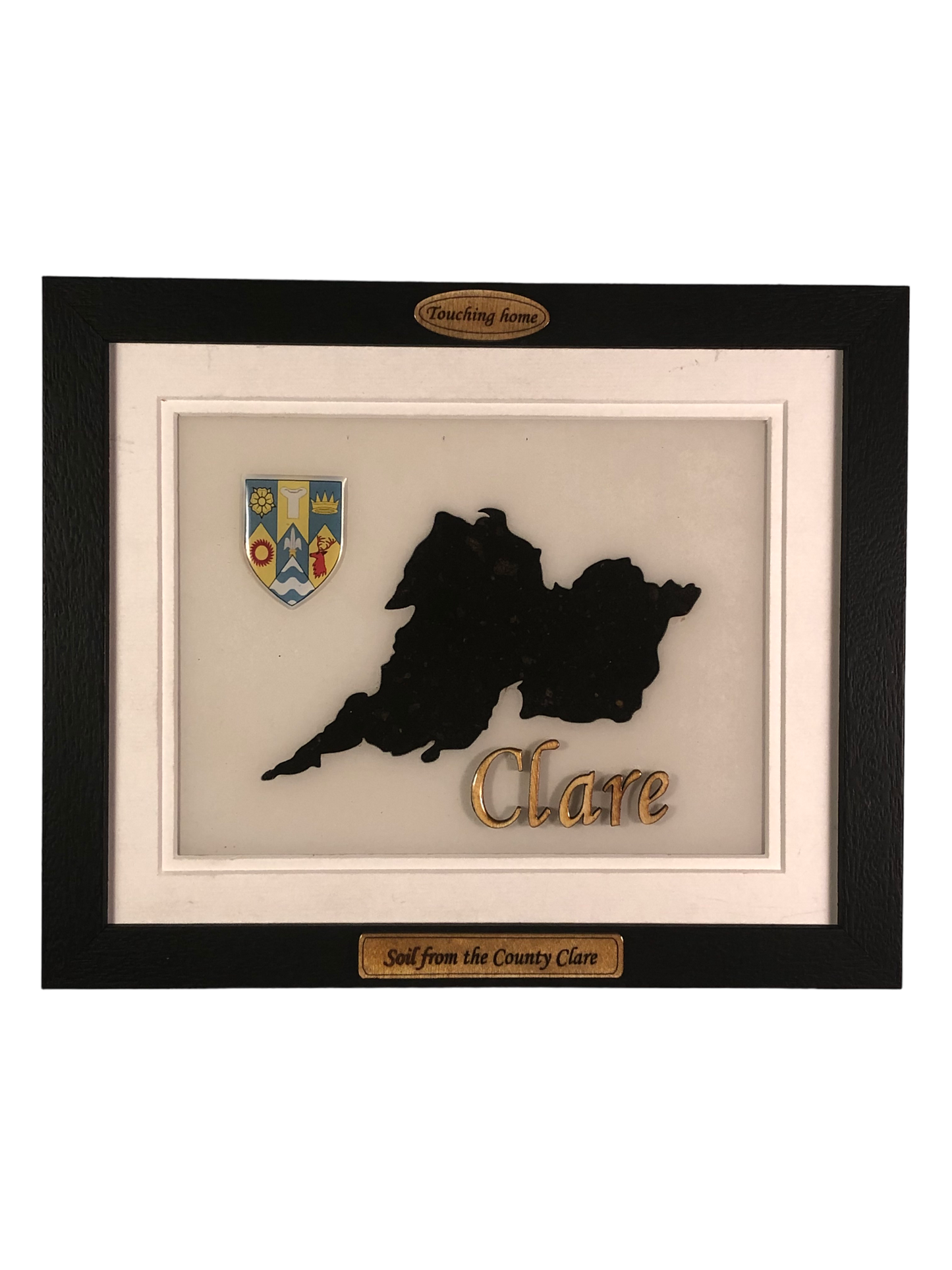 County Clare white wood style plaque with authentic Clare soil encased and displayed within