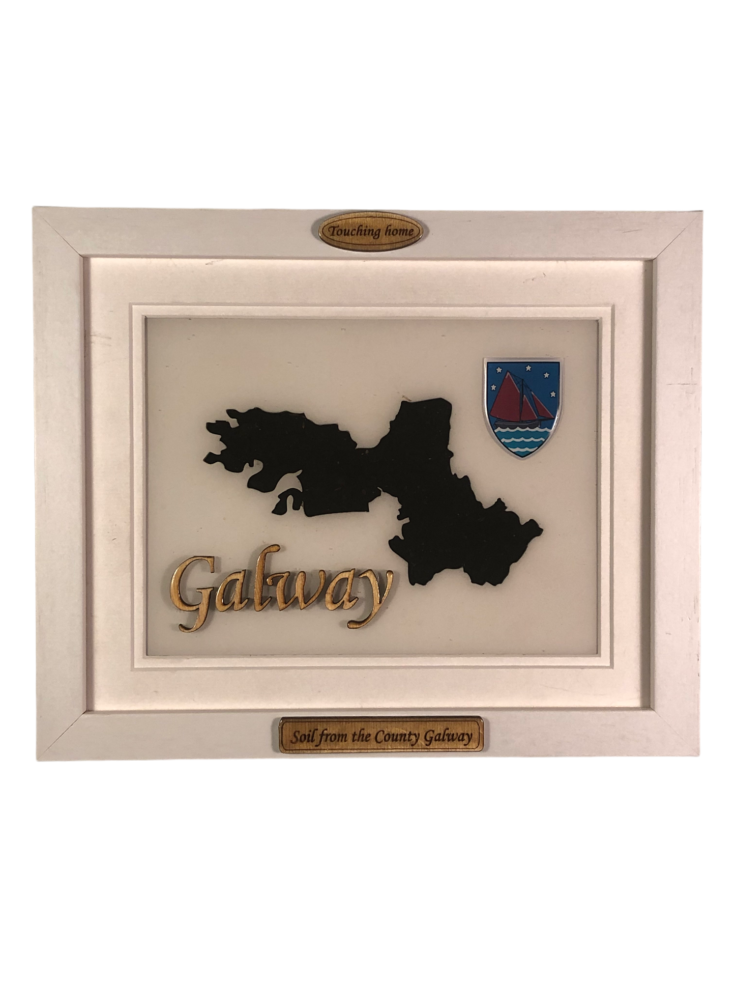 County Galway white wood style plaque with authentic Galway soil encased and displayed within