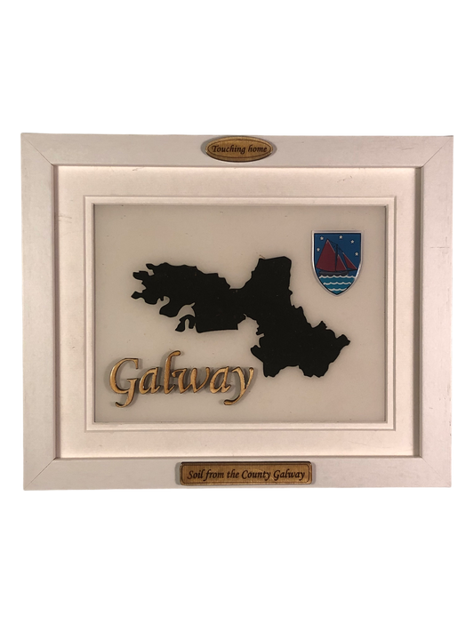 County Galway white wood style plaque with authentic Galway soil encased and displayed within