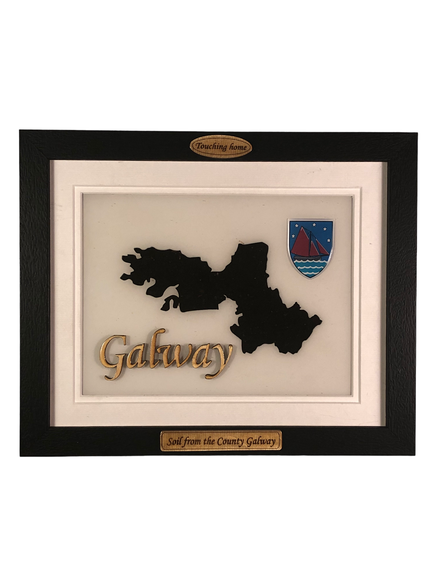 County Galway white wood style plaque with authentic Galway soil encased and displayed within