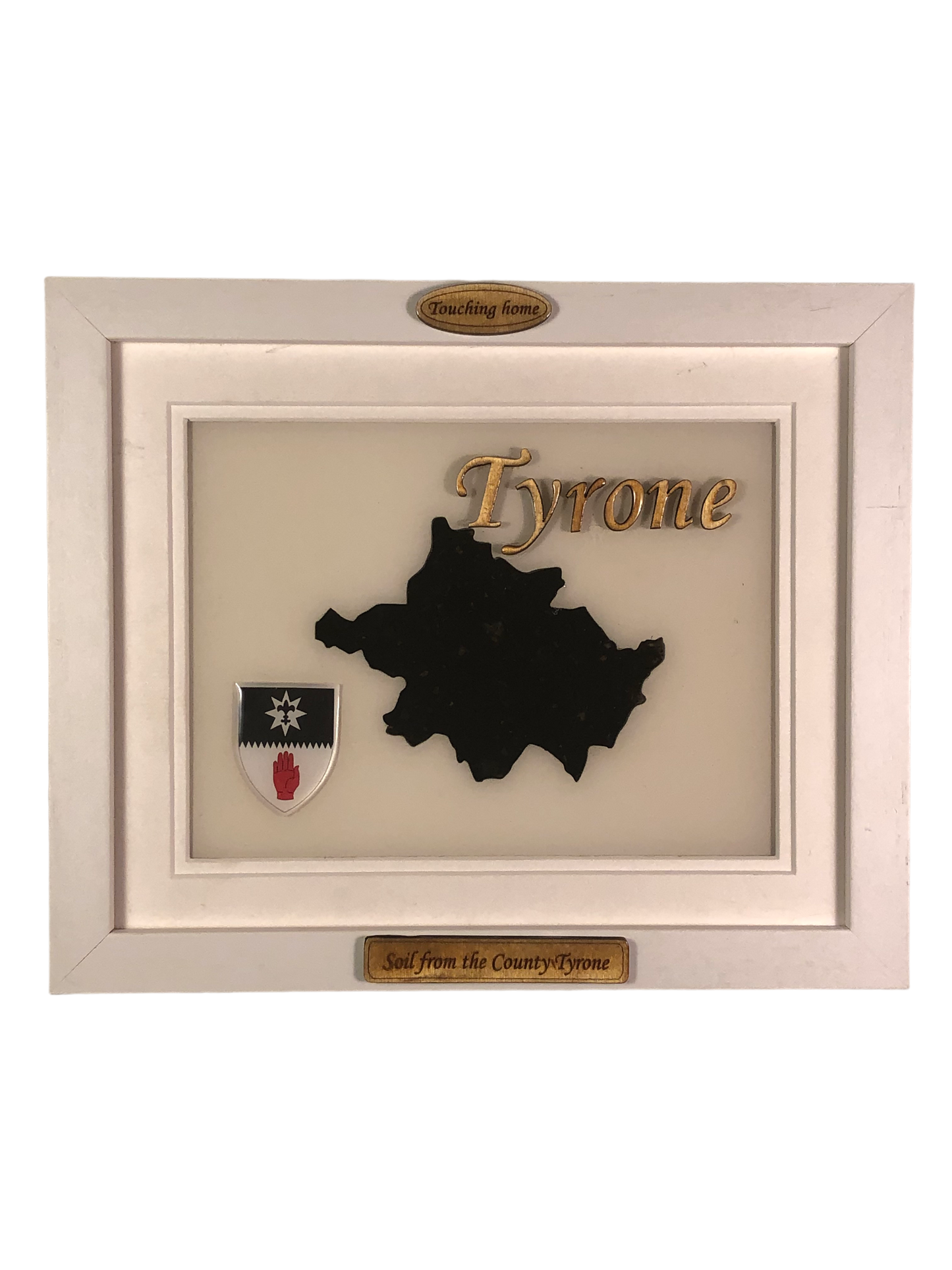 County Tyrone white wood style plaque with authentic Tyrone soil encased and displayed within