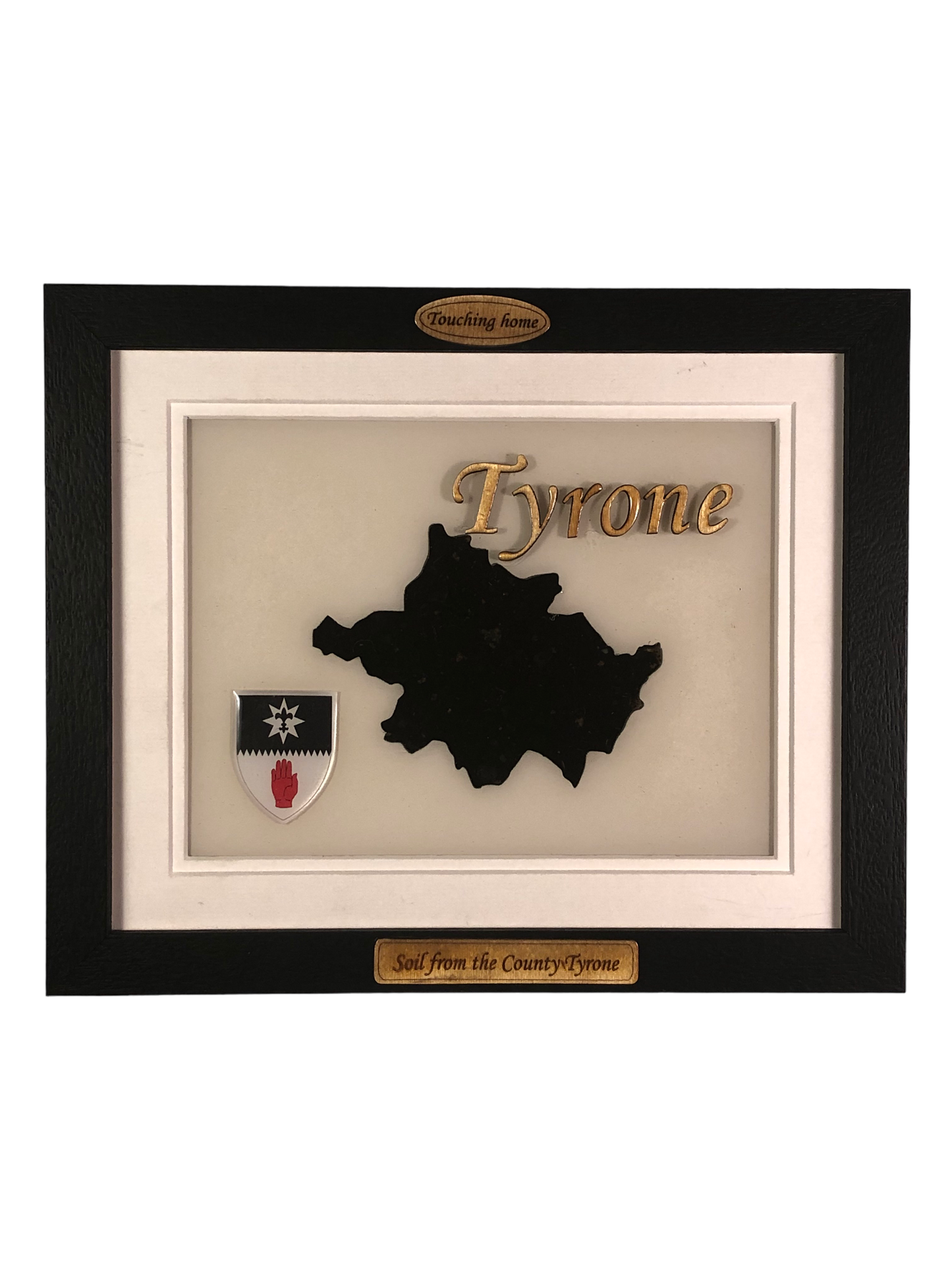 County Tyrone white wood style plaque with authentic Tyrone soil encased and displayed within