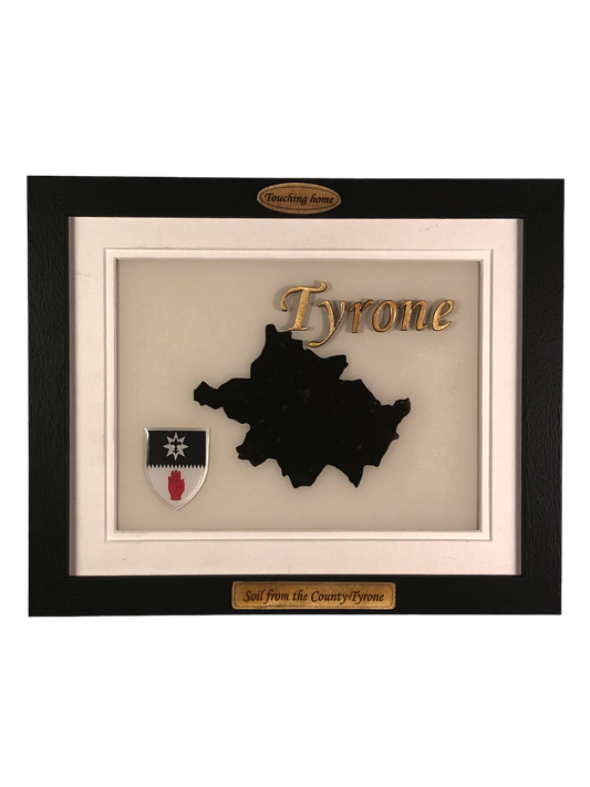 County Tyrone white wood style plaque with authentic Tyrone soil encased and displayed within