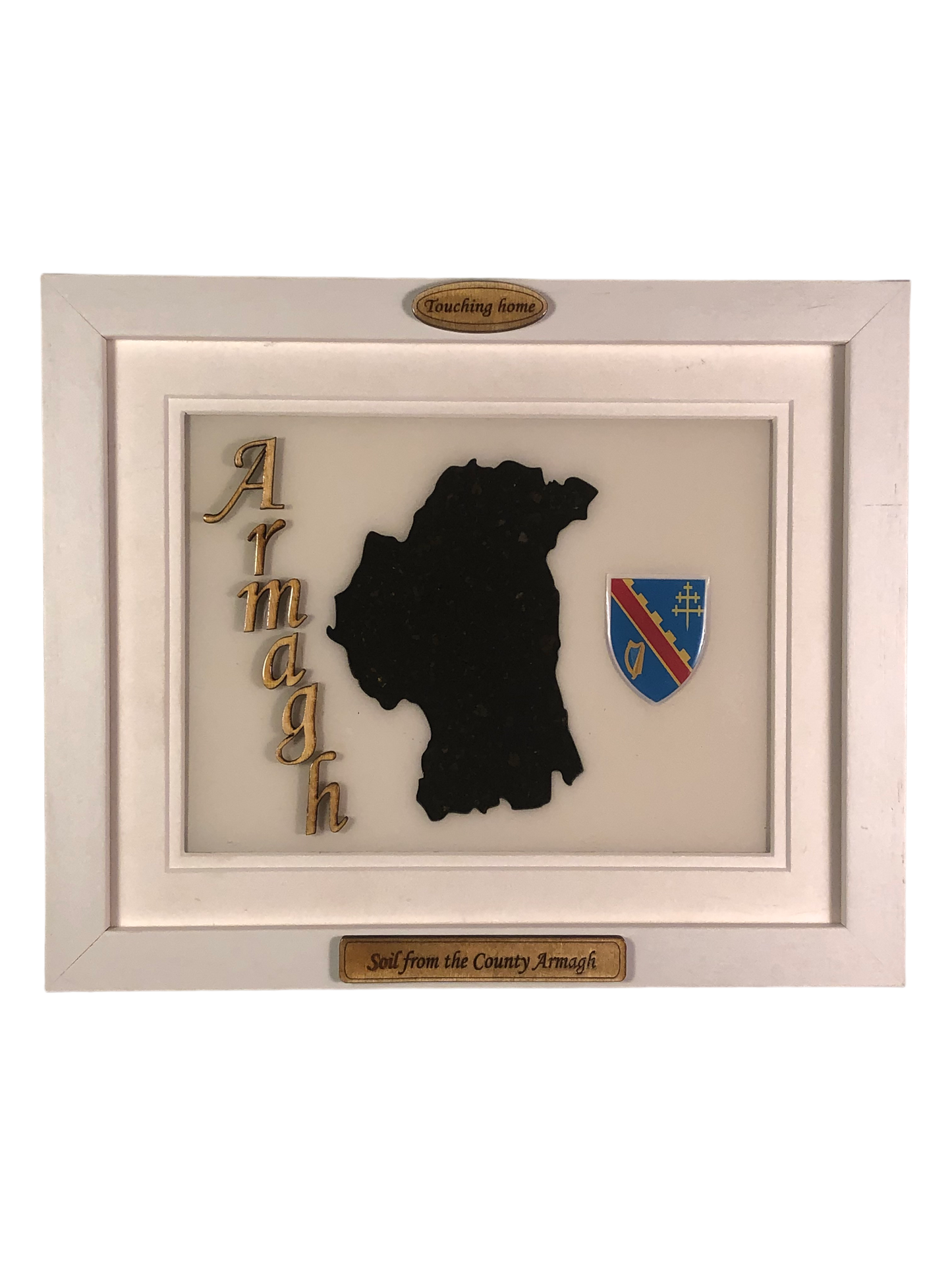 County Armagh white wood style plaque with authentic Armagh soil encased and displayed within