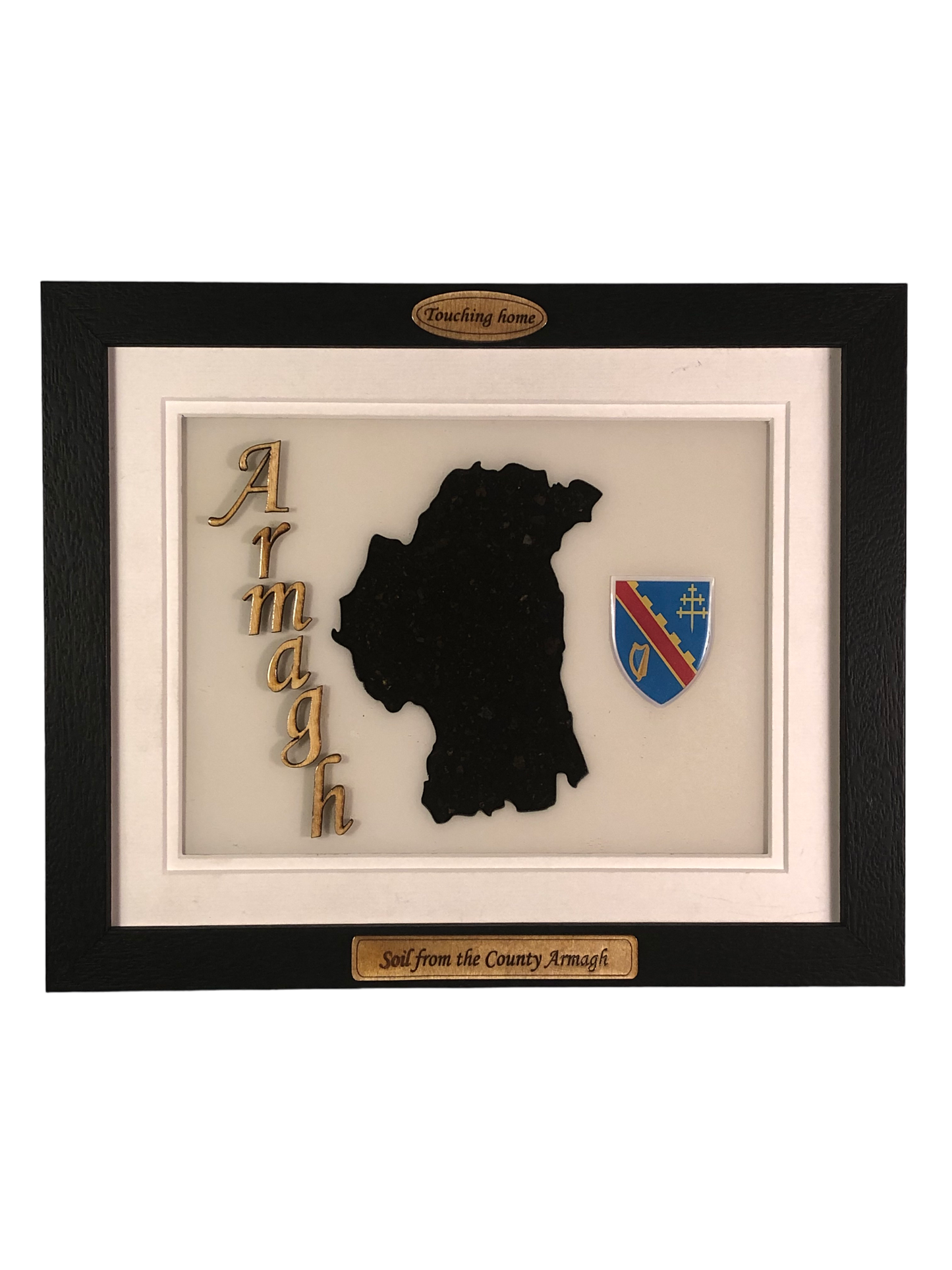 County Armagh white wood style plaque with authentic Armagh soil encased and displayed within