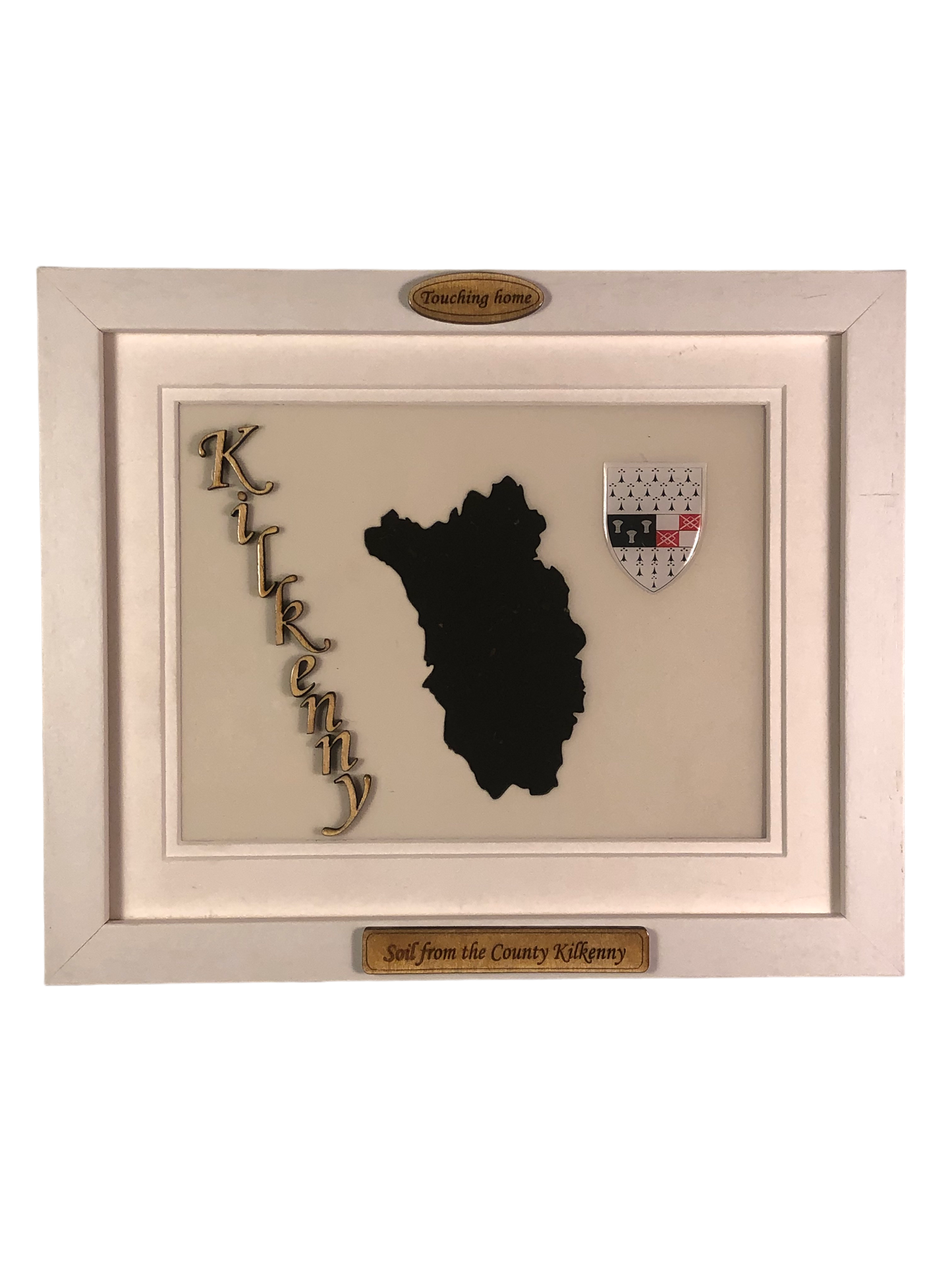 County Kilkenny white wood style plaque with authentic Kilkenny soil encased and displayed within