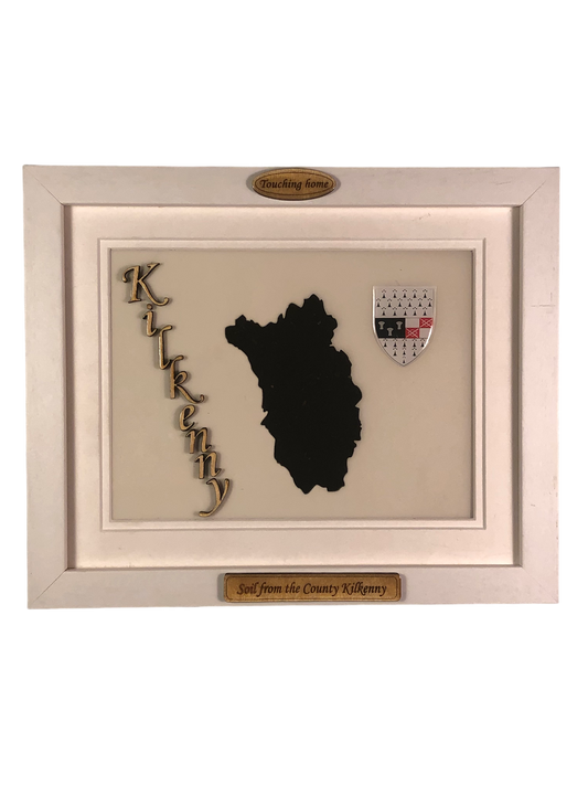 County Kilkenny white wood style plaque with authentic Kilkenny soil encased and displayed within