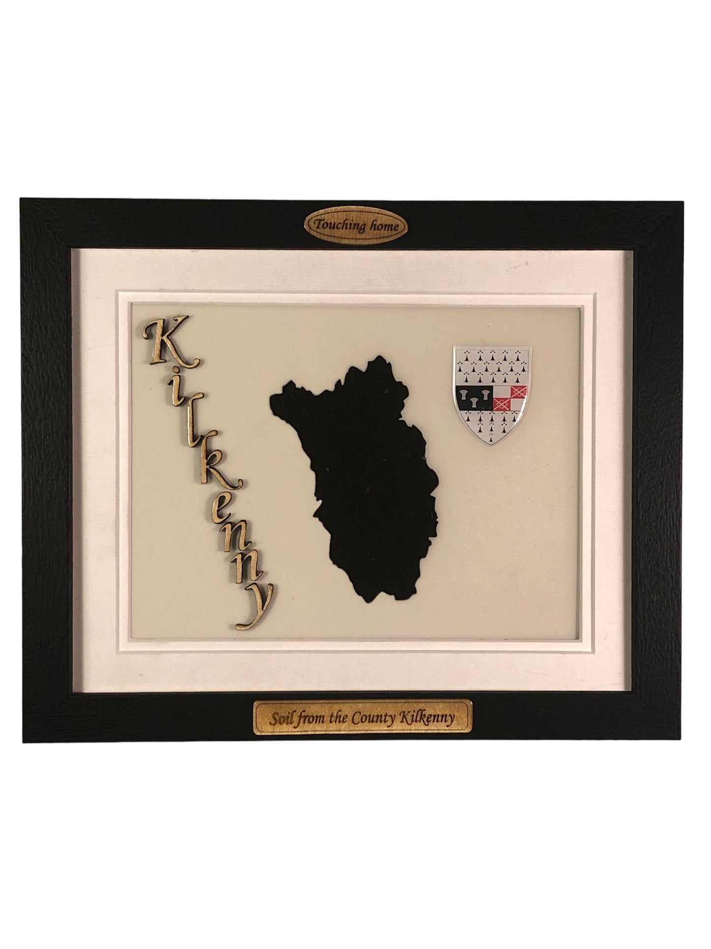 County Kilkenny white wood style plaque with authentic Kilkenny soil encased and displayed within