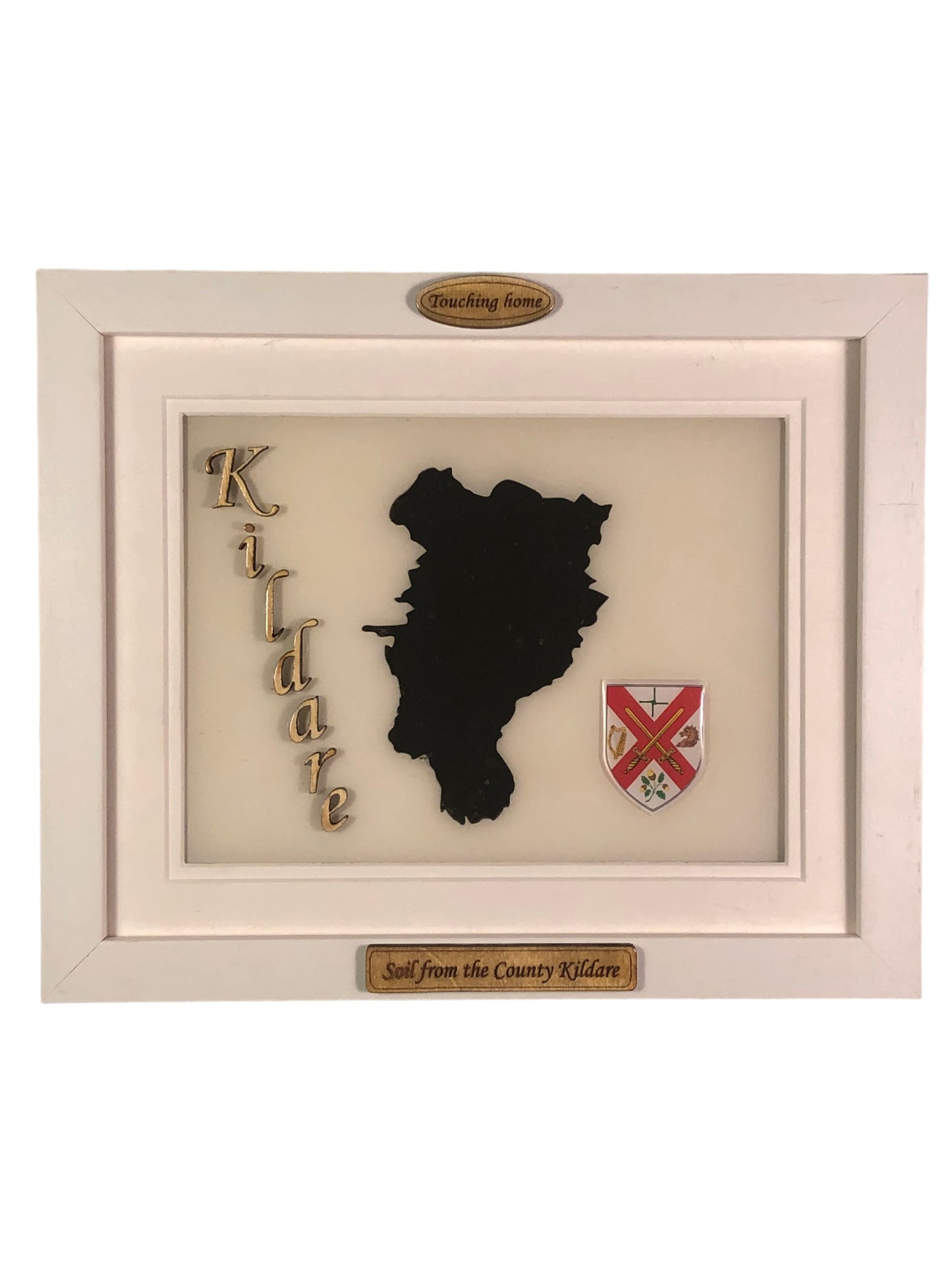 County Kildare white wood style plaque with authentic Kildare soil encased and displayed within