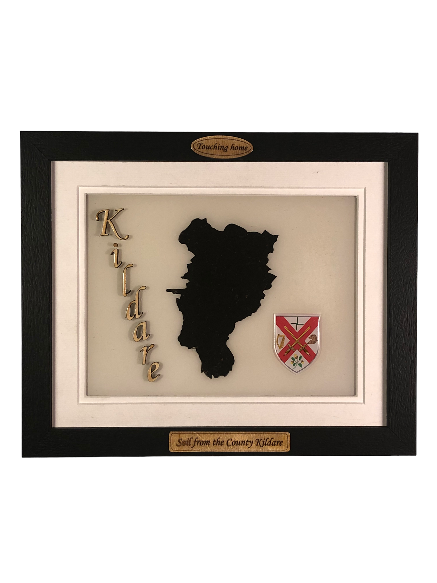 County Kildare white wood style plaque with authentic Kildare soil encased and displayed within