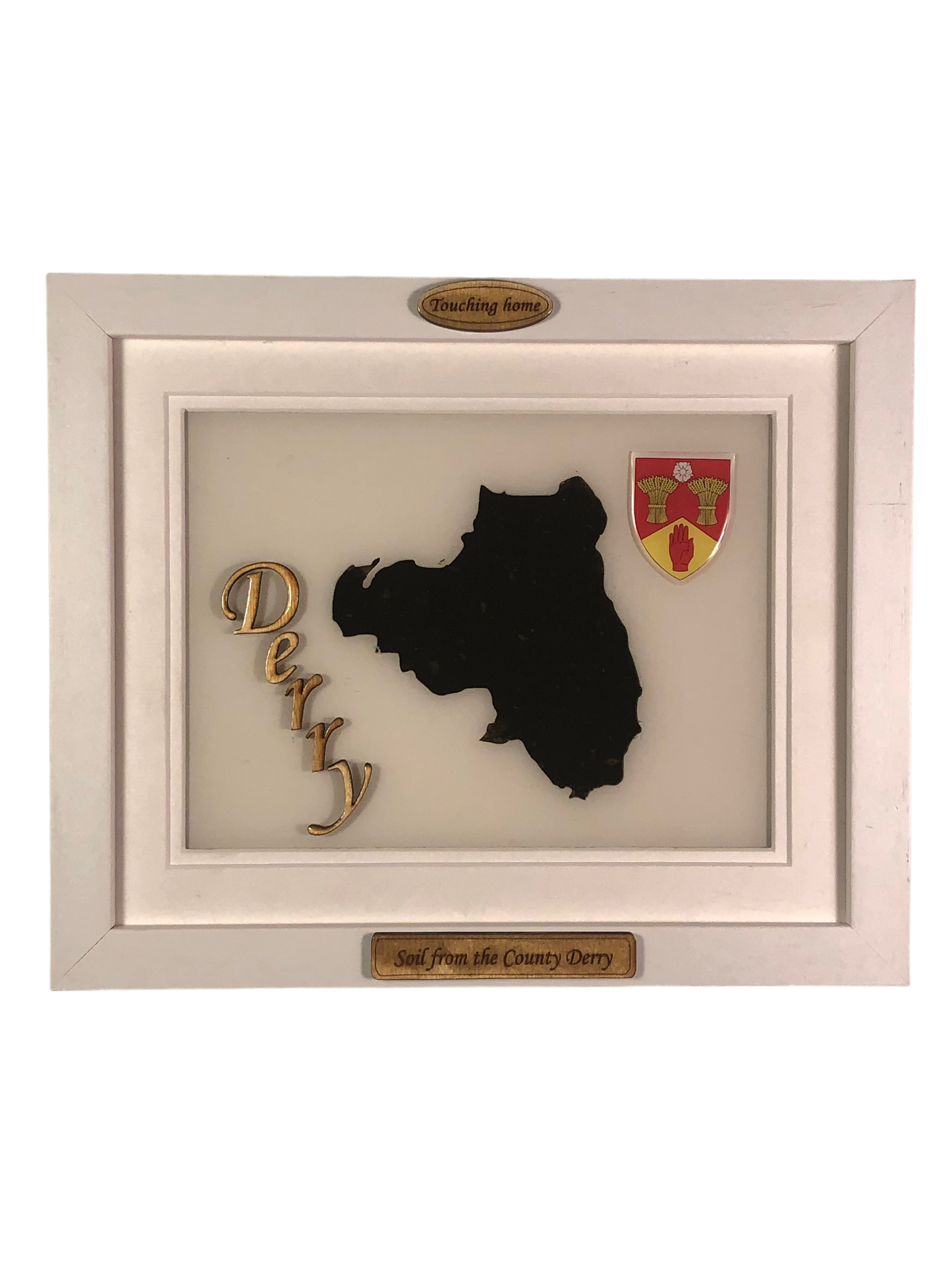 County Derry white wood style plaque with authentic Derry soil encased and displaced within