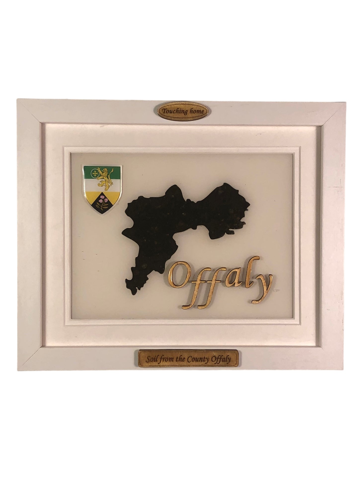 County Offaly white wooden style plaque with authentic Offaly soil encased and displayed within