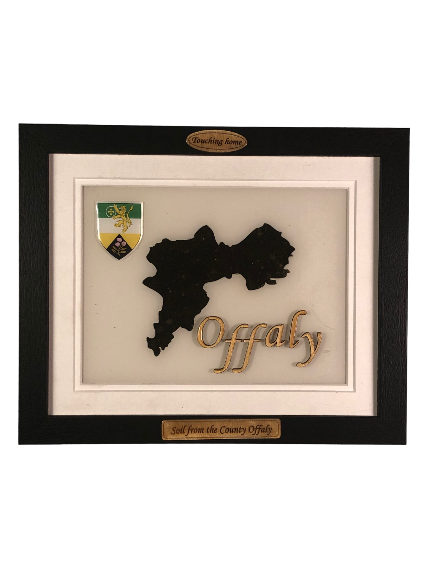 County Offaly white wooden style plaque with authentic Offaly soil encased and displayed within