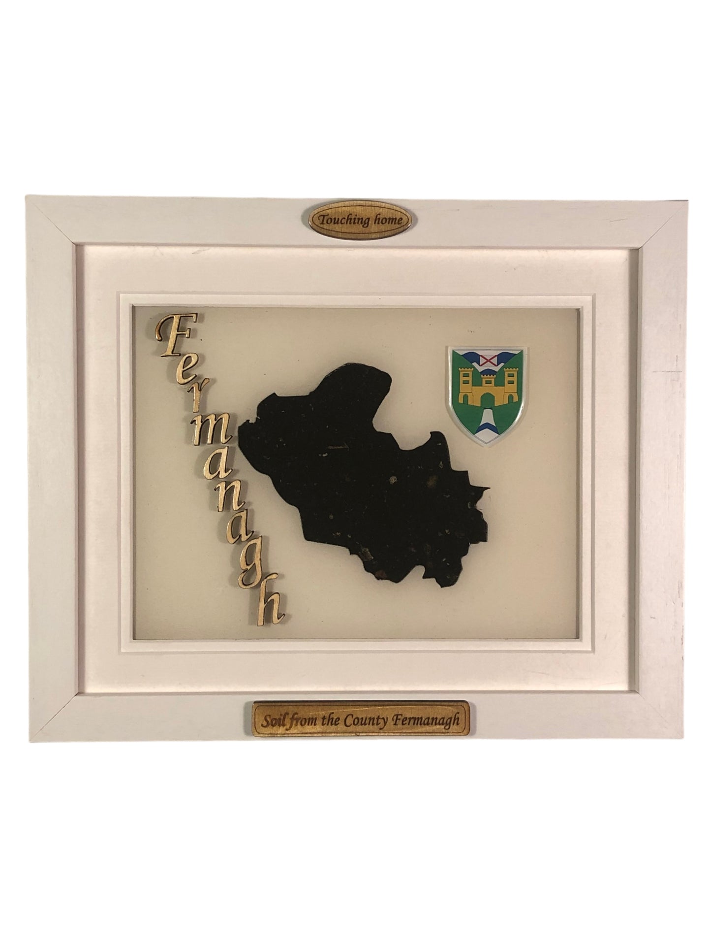 County Fermanagh white wood style plaque with authentic Fermanagh soil encased and displayed within