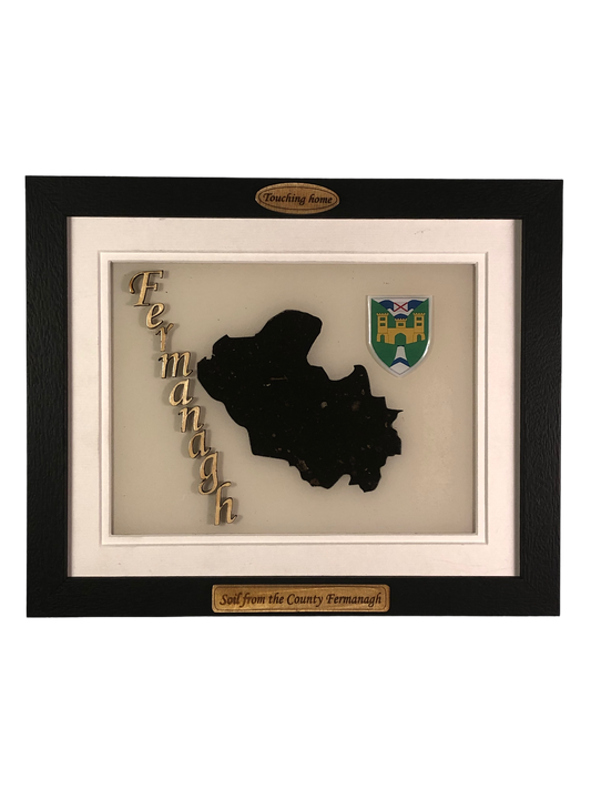 County Fermanagh white wood style plaque with authentic Fermanagh soil encased and displayed within