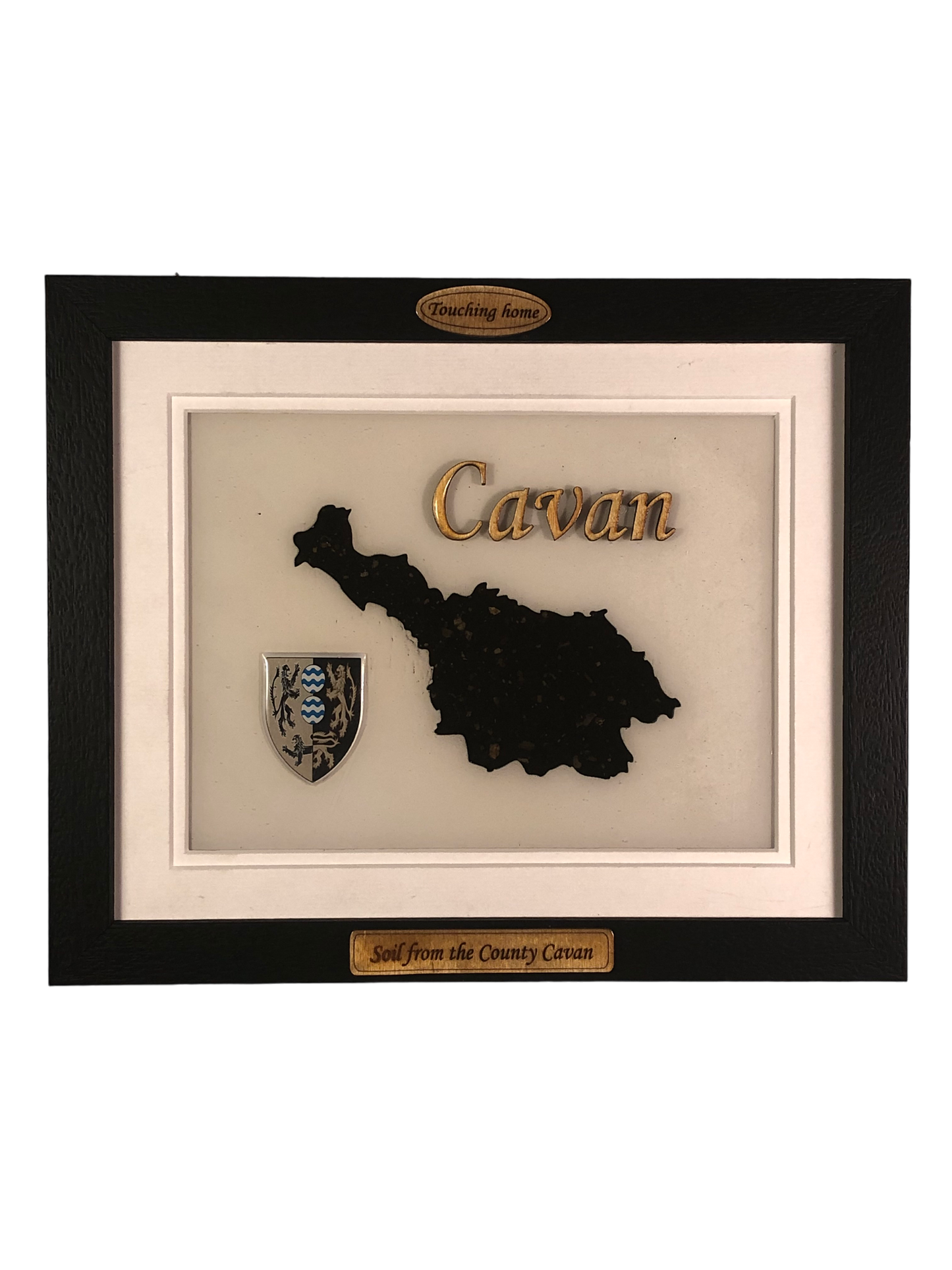 County Cavan white wood style plaque with authentic Cavan soil encased and displayed within