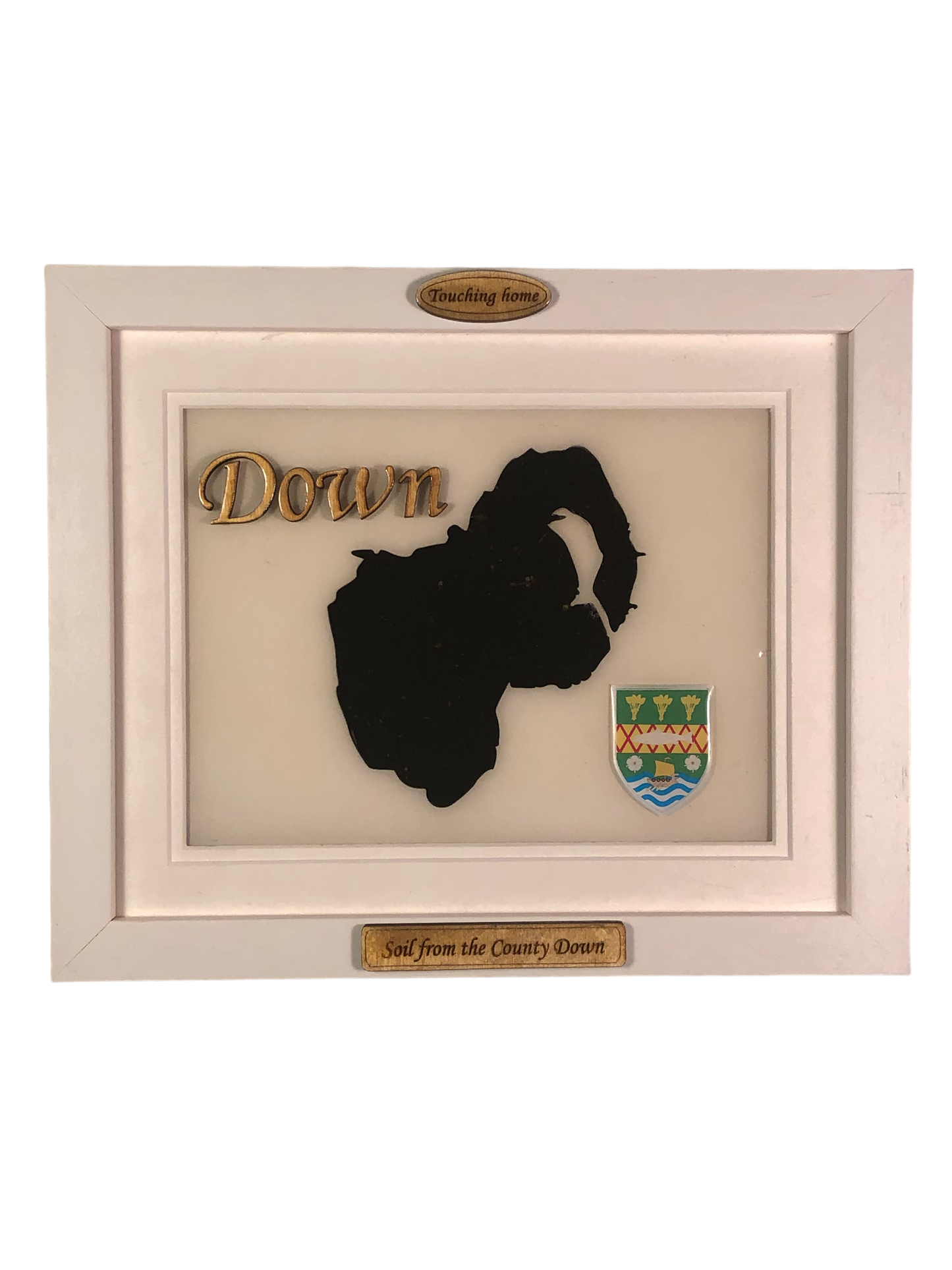 County Down white wood style plaque with authentic Down soil encased and displayed within