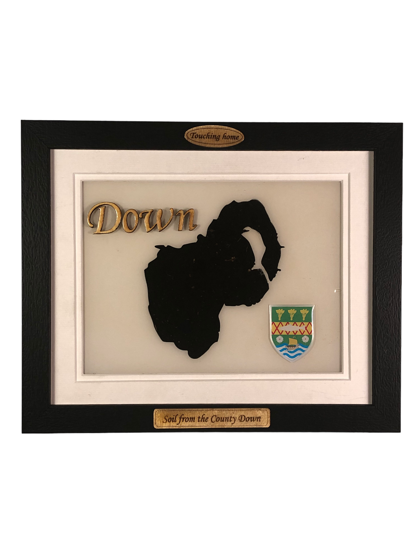 County Down white wood style plaque with authentic Down soil encased and displayed within