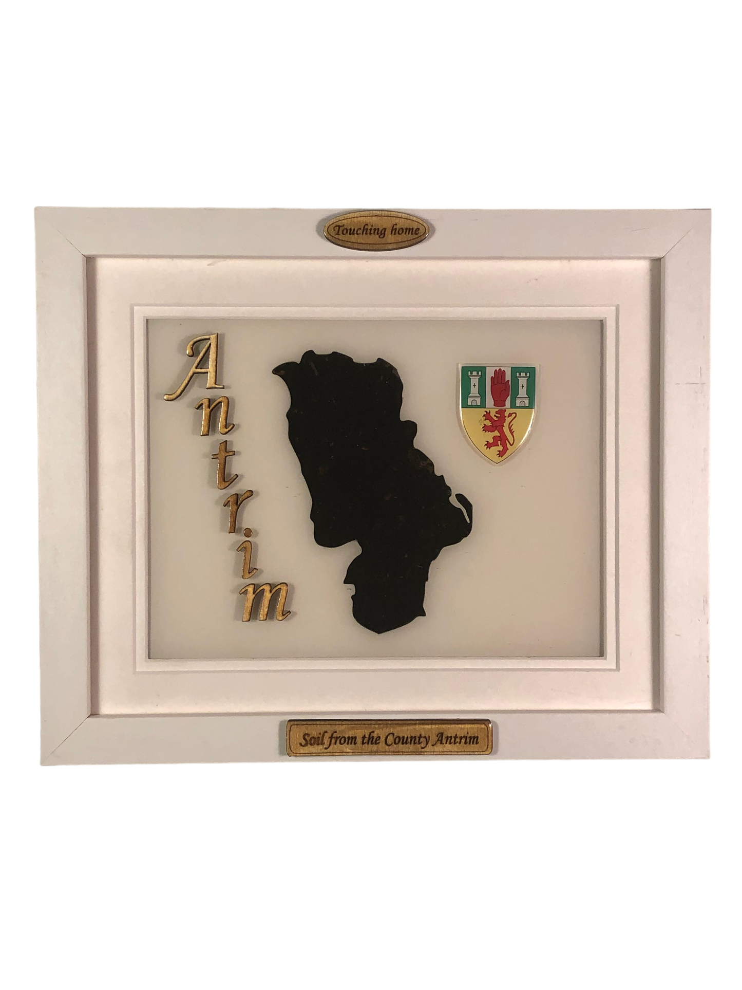 County Antrim white wood style plaque with authentic Antrim soil encased and displayed within