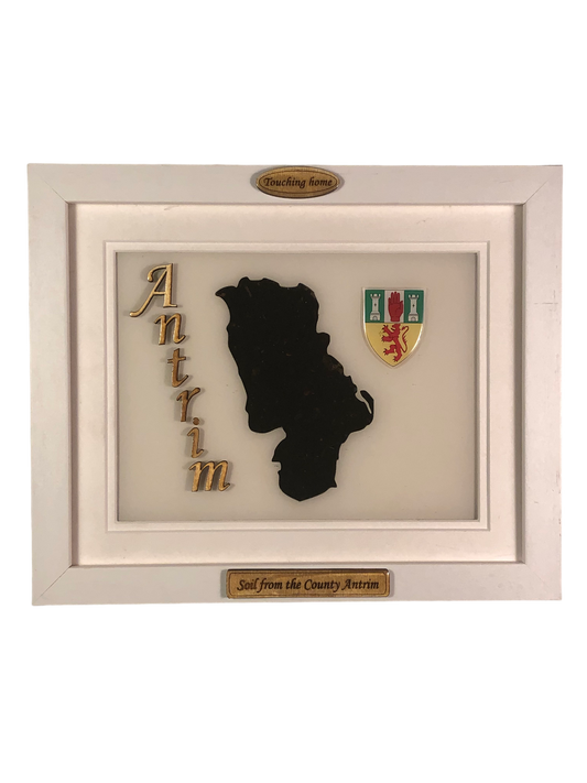 County Antrim white wood style plaque with authentic Antrim soil encased and displayed within