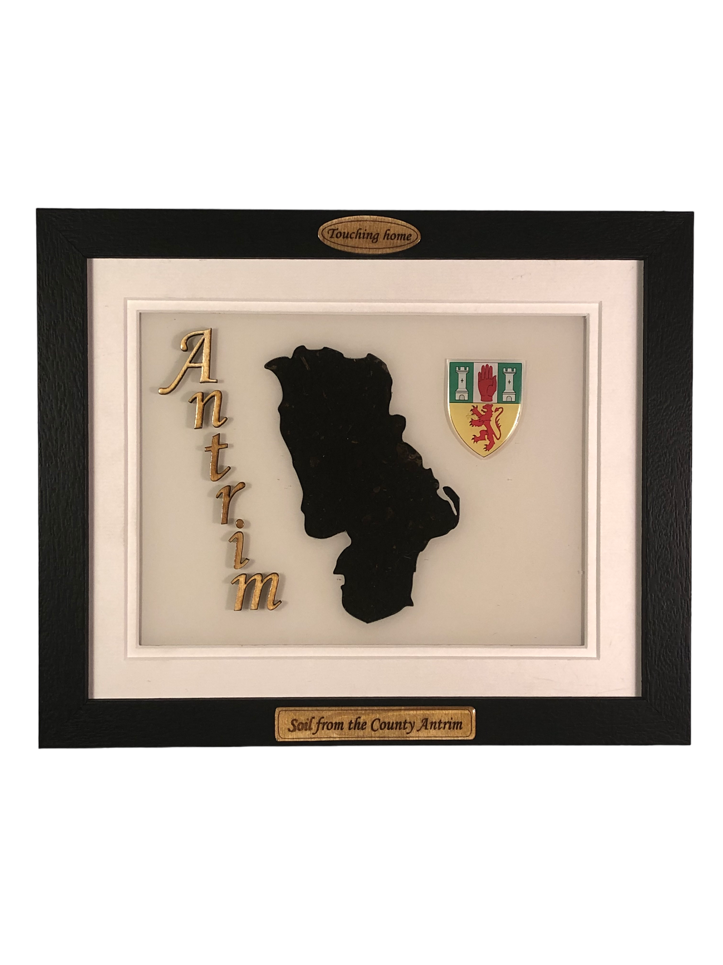 County Antrim white wood style plaque with authentic Antrim soil encased and displayed within