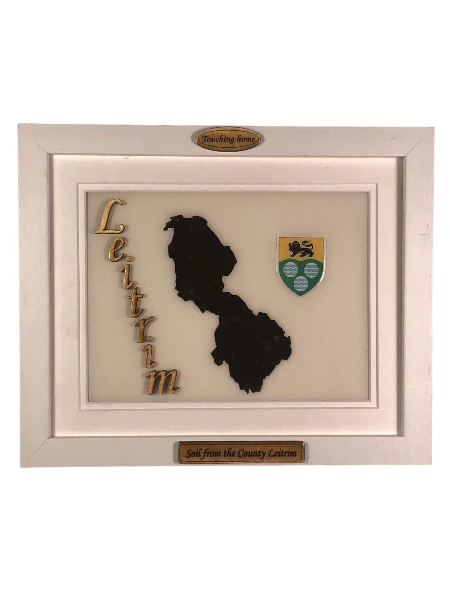 County Leitrim white wooden style plaque with authentic Leitrim soil encased and displayed within