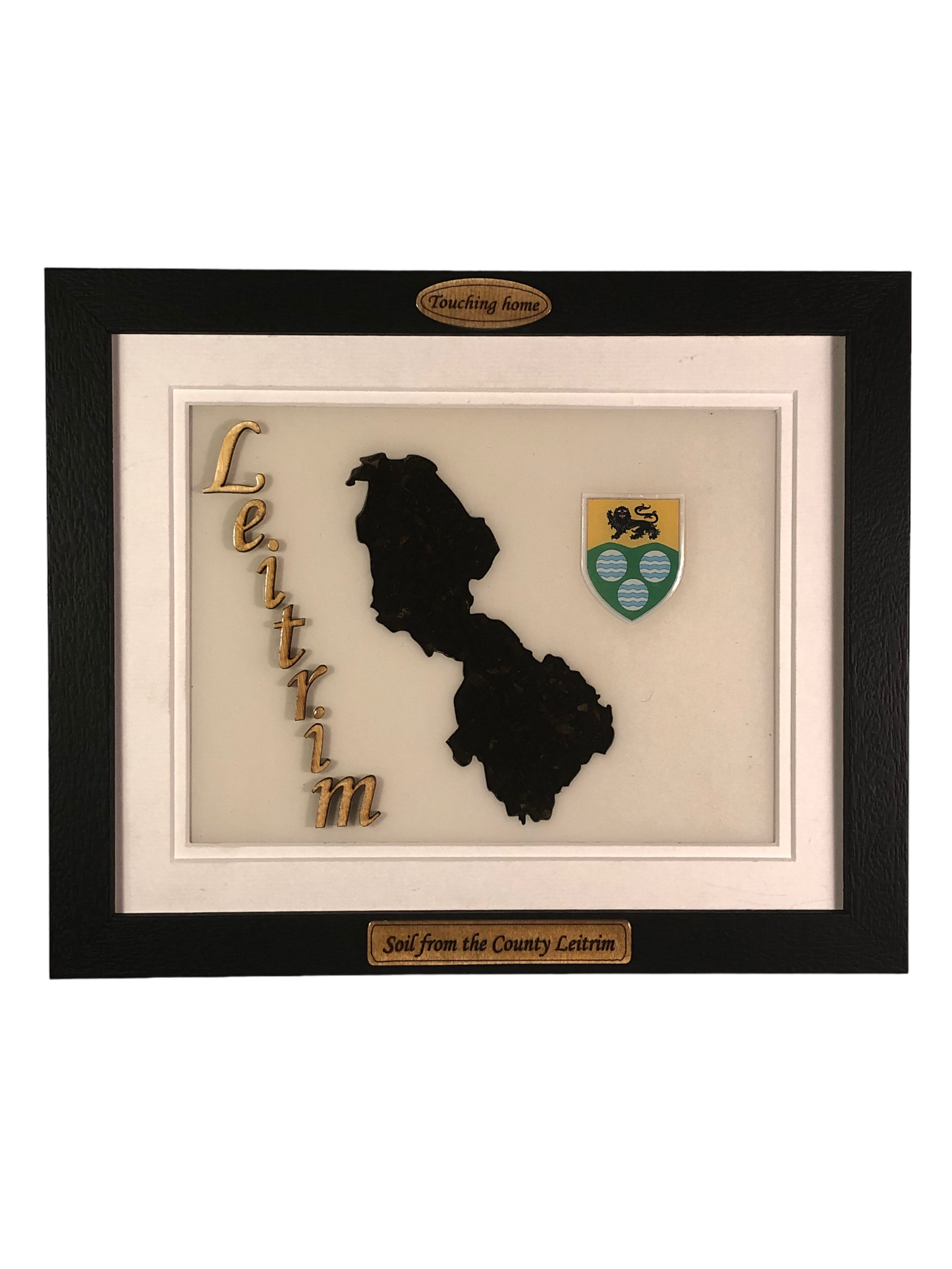 County Leitrim white wooden style plaque with authentic Leitrim soil encased and displayed within