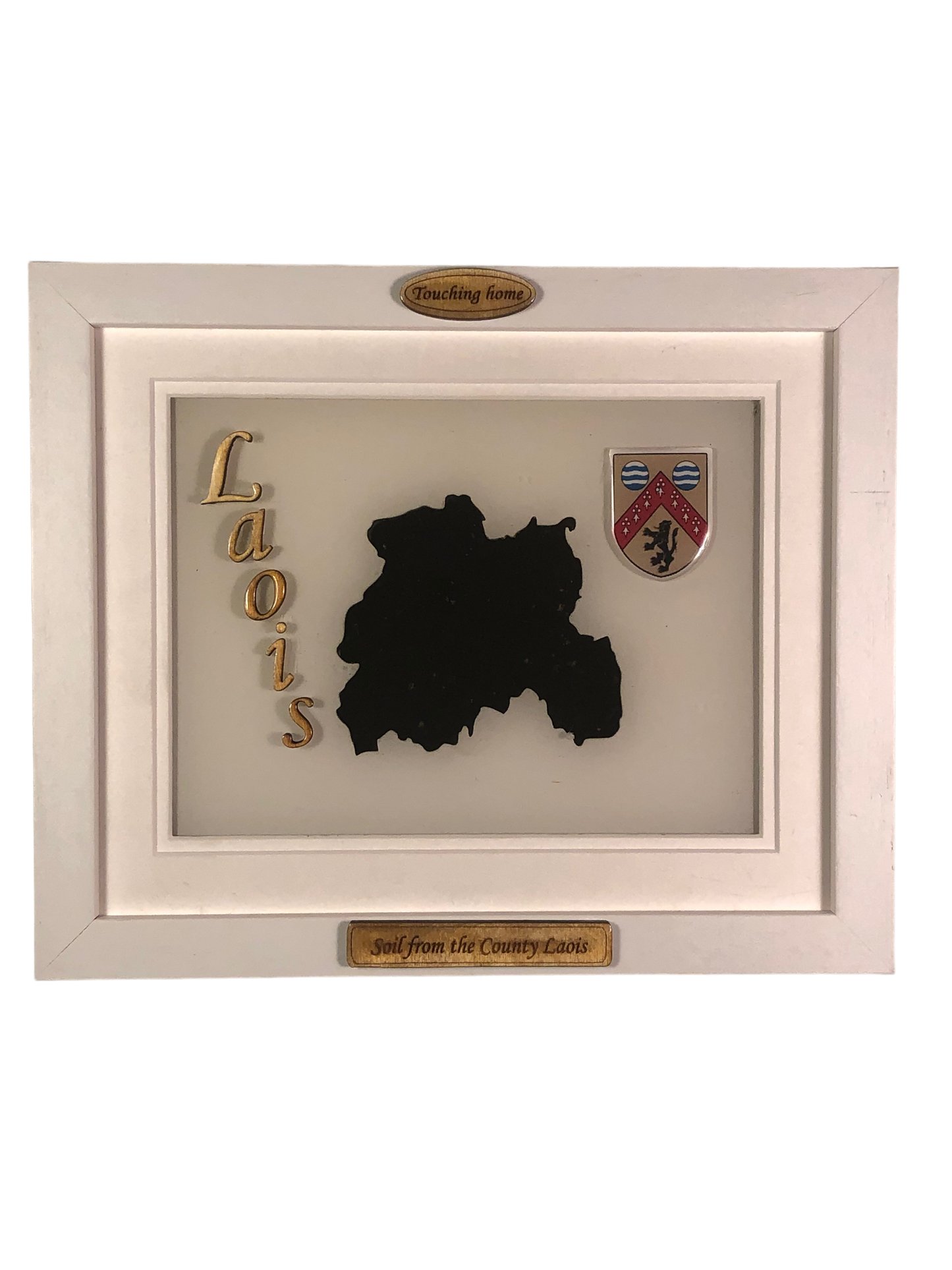 County Laois white wooden style plaque with authentic Laois soil encased and displayed within