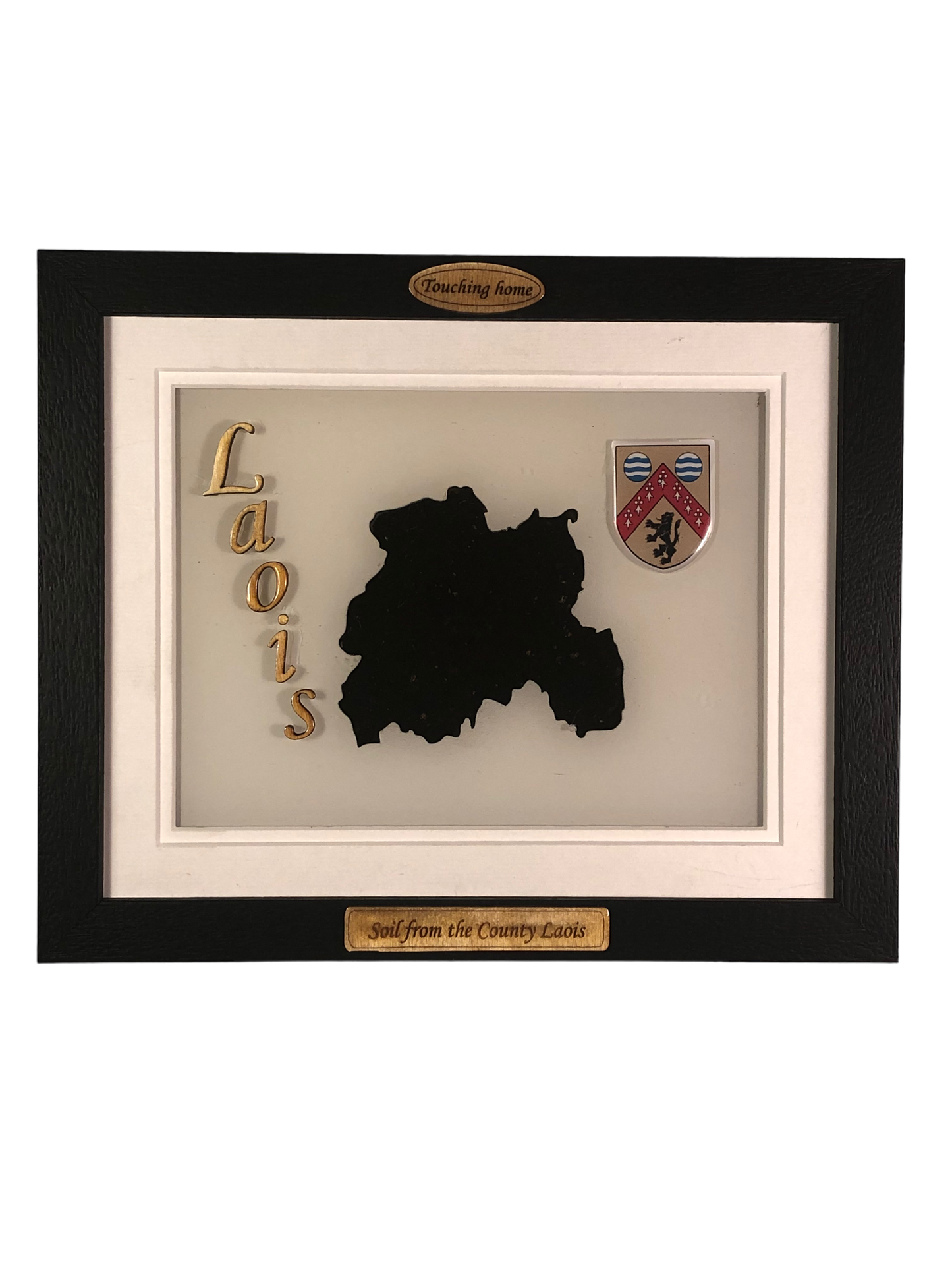 County Laois white wooden style plaque with authentic Laois soil encased and displayed within