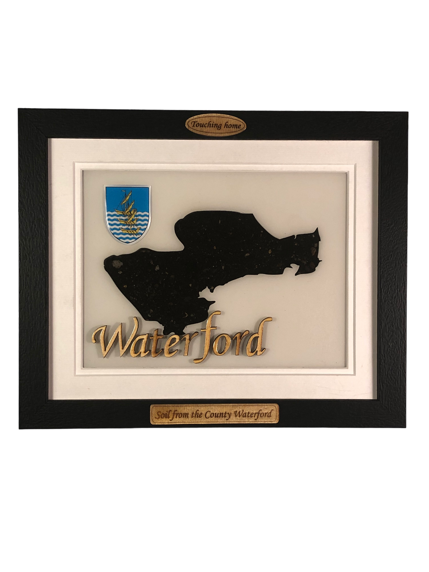 County Waterford white wooden style plaque with authentic Waterford soil encased and displayed within