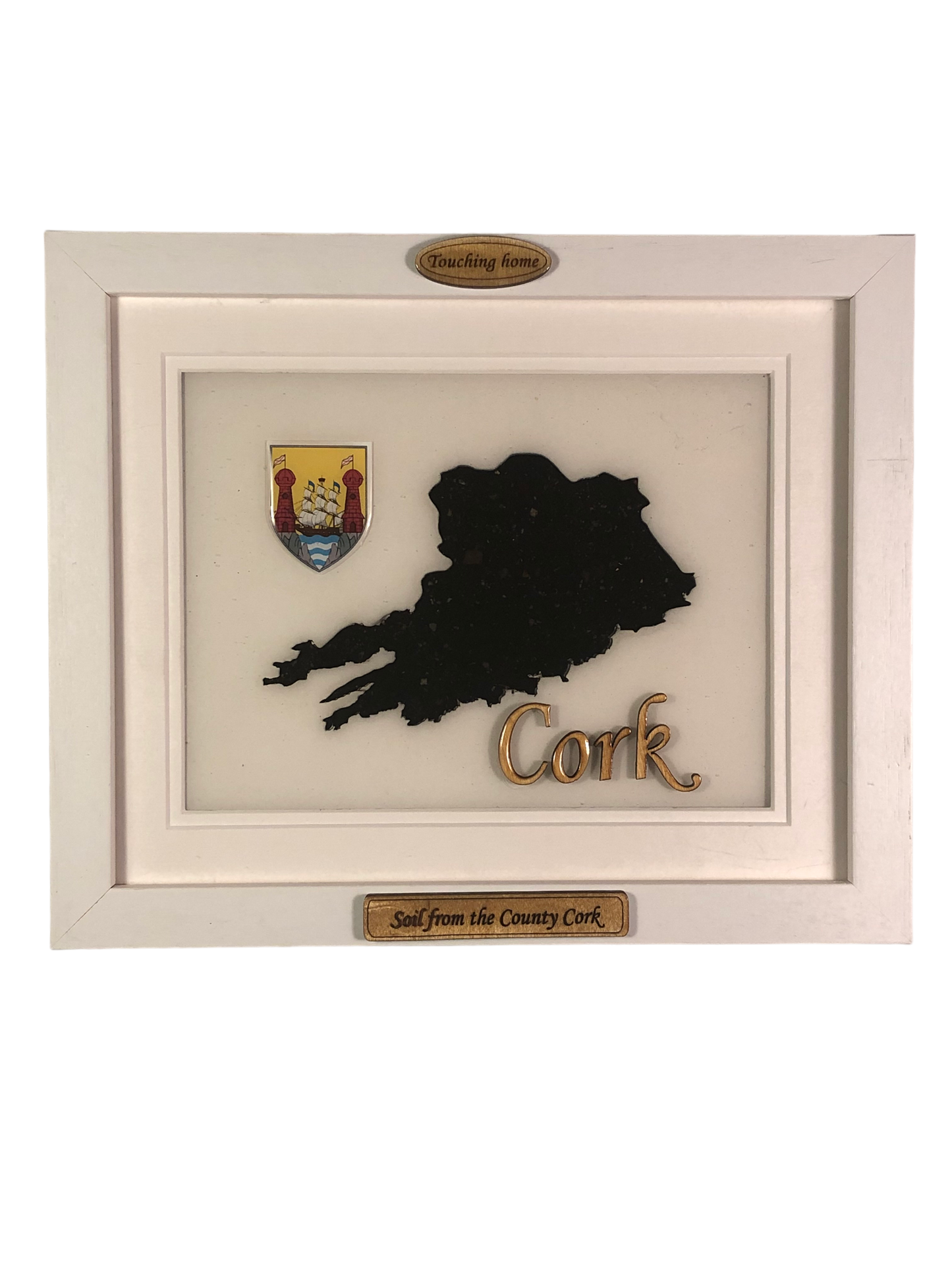 County Cork white wood style plaque with authentic cork soil encased and displayed within