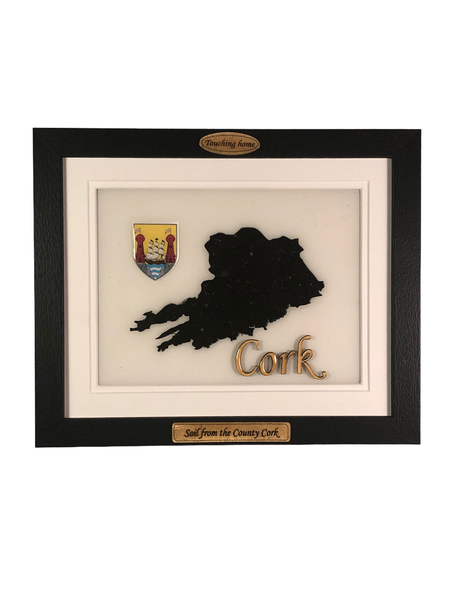 County Cork white wood style plaque with authentic cork soil encased and displayed within