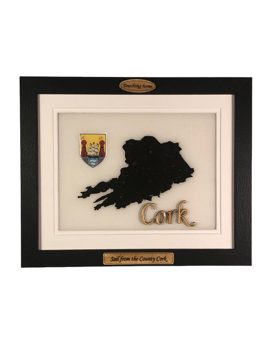 County Cork white wood style plaque with authentic cork soil encased and displayed within