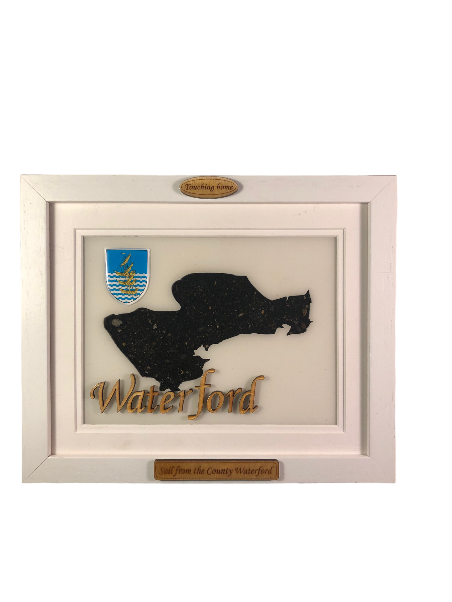 County Waterford white wooden style plaque with authentic Waterford soil encased and displayed within