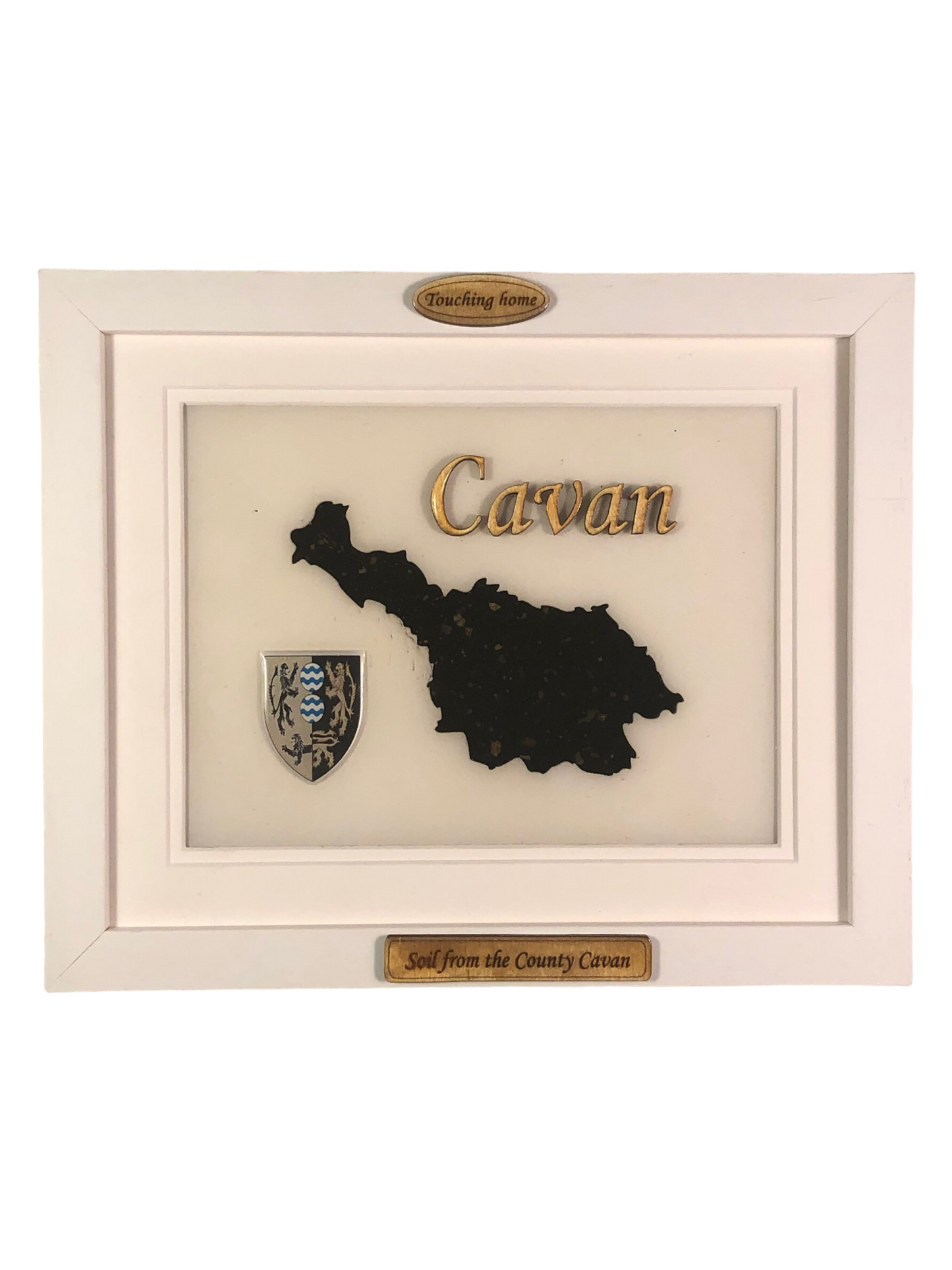 County Cavan white wood style plaque with authentic Cavan soil encased and displayed within