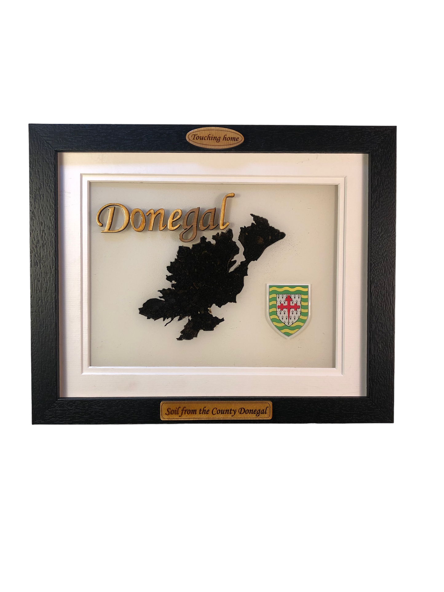 County Donegal white wood style plaque with authentic Donegal soil encased and displayed within