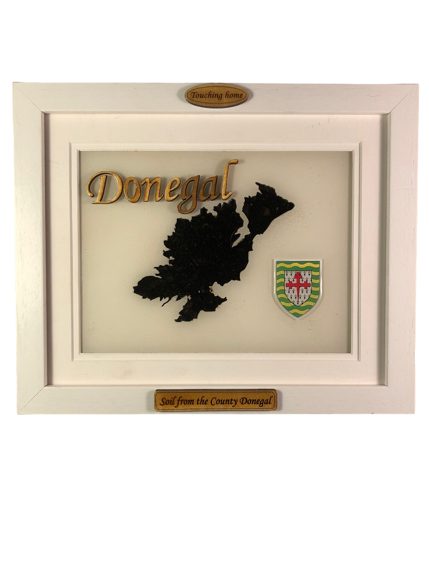 County Donegal white wood style plaque with authentic Donegal soil encased and displayed within