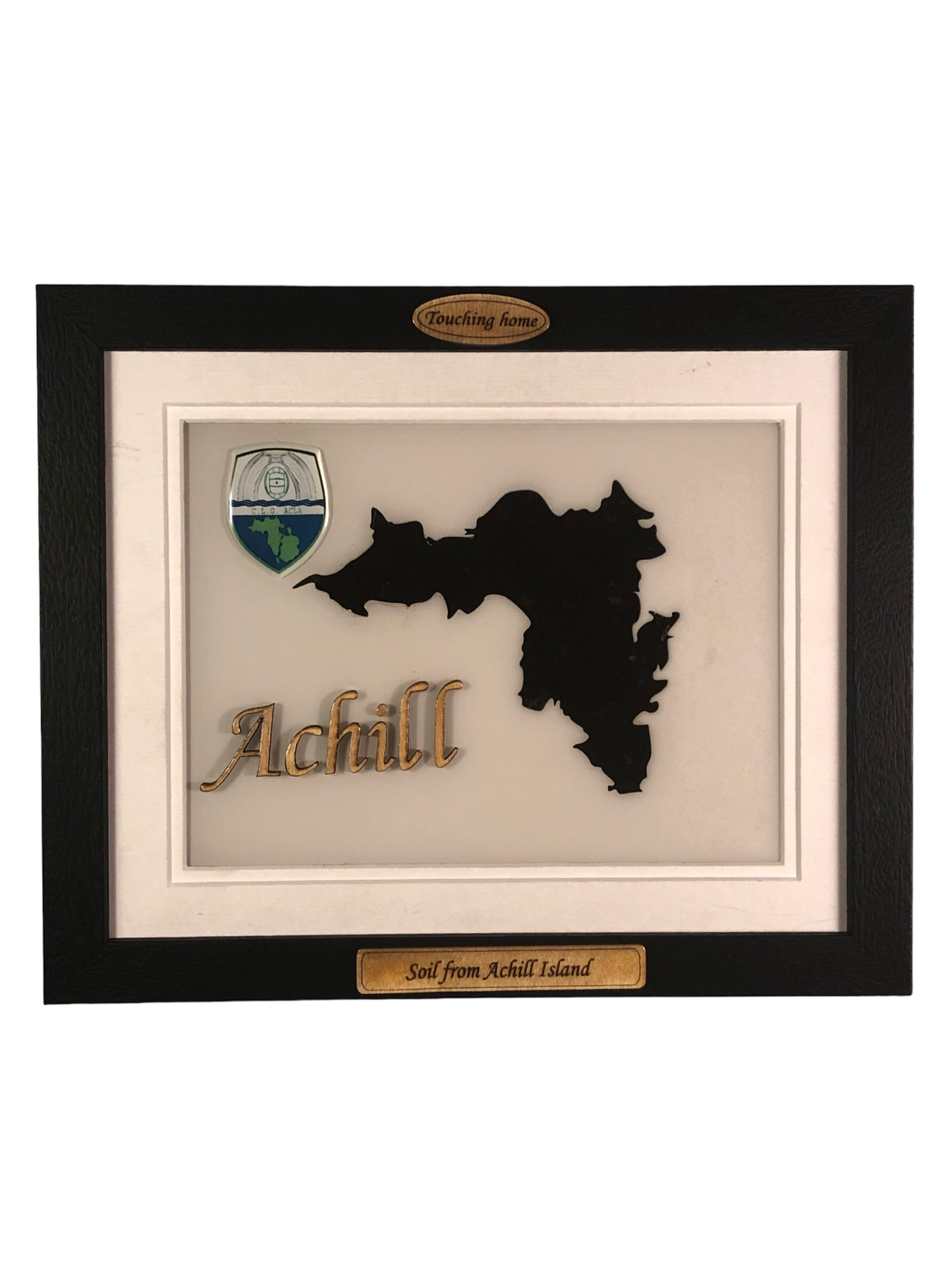 Achill island shaped white wood style plaque with authentic Achill soil encased and displayed within