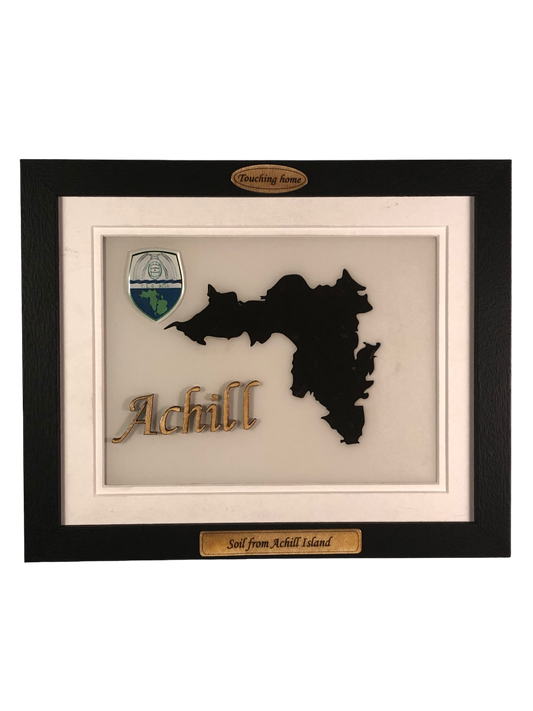 Achill island shaped white wood style plaque with authentic Achill soil encased and displayed within