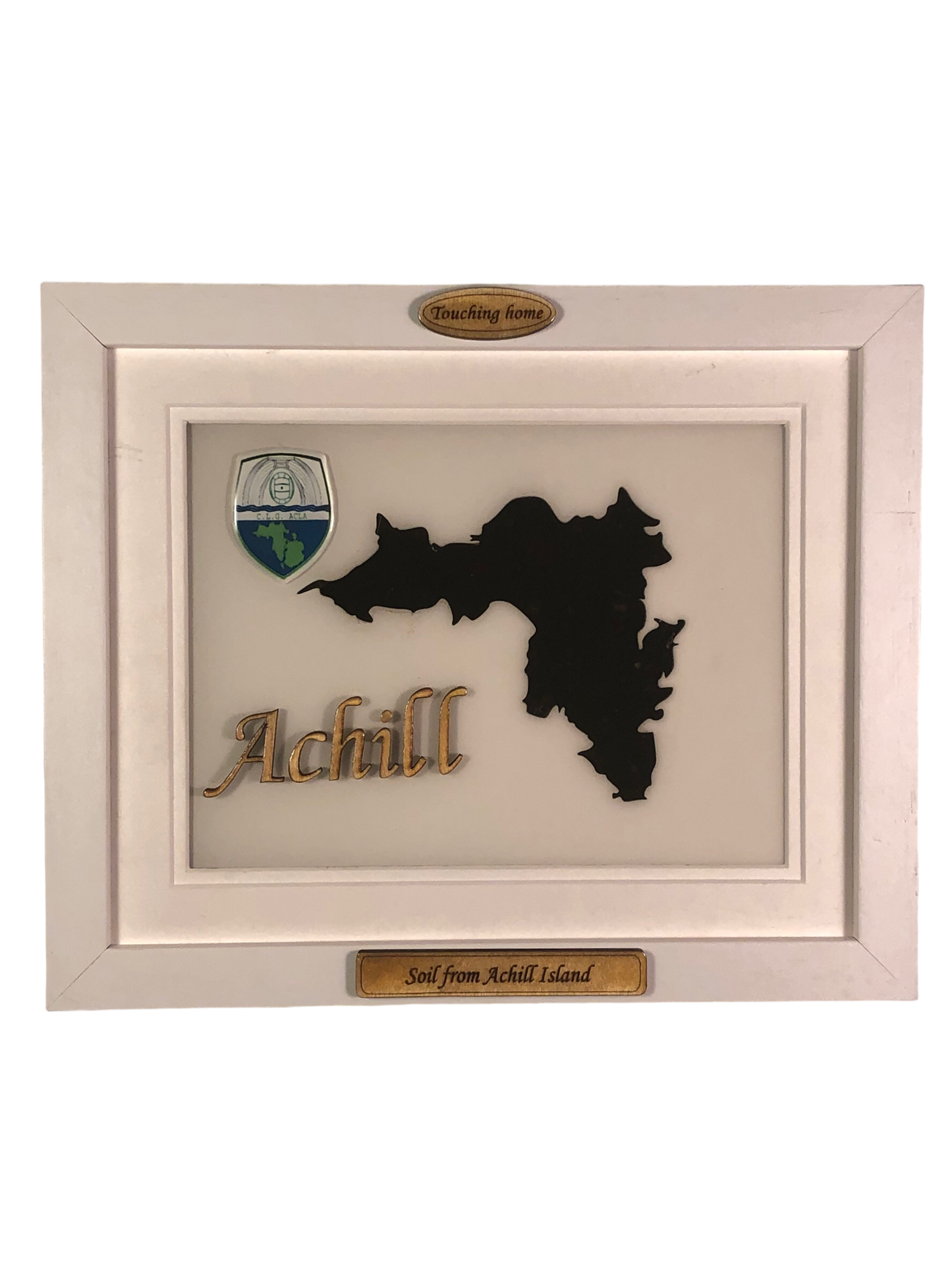 Achill island shaped white wood style plaque with authentic Achill soil encased and displayed within