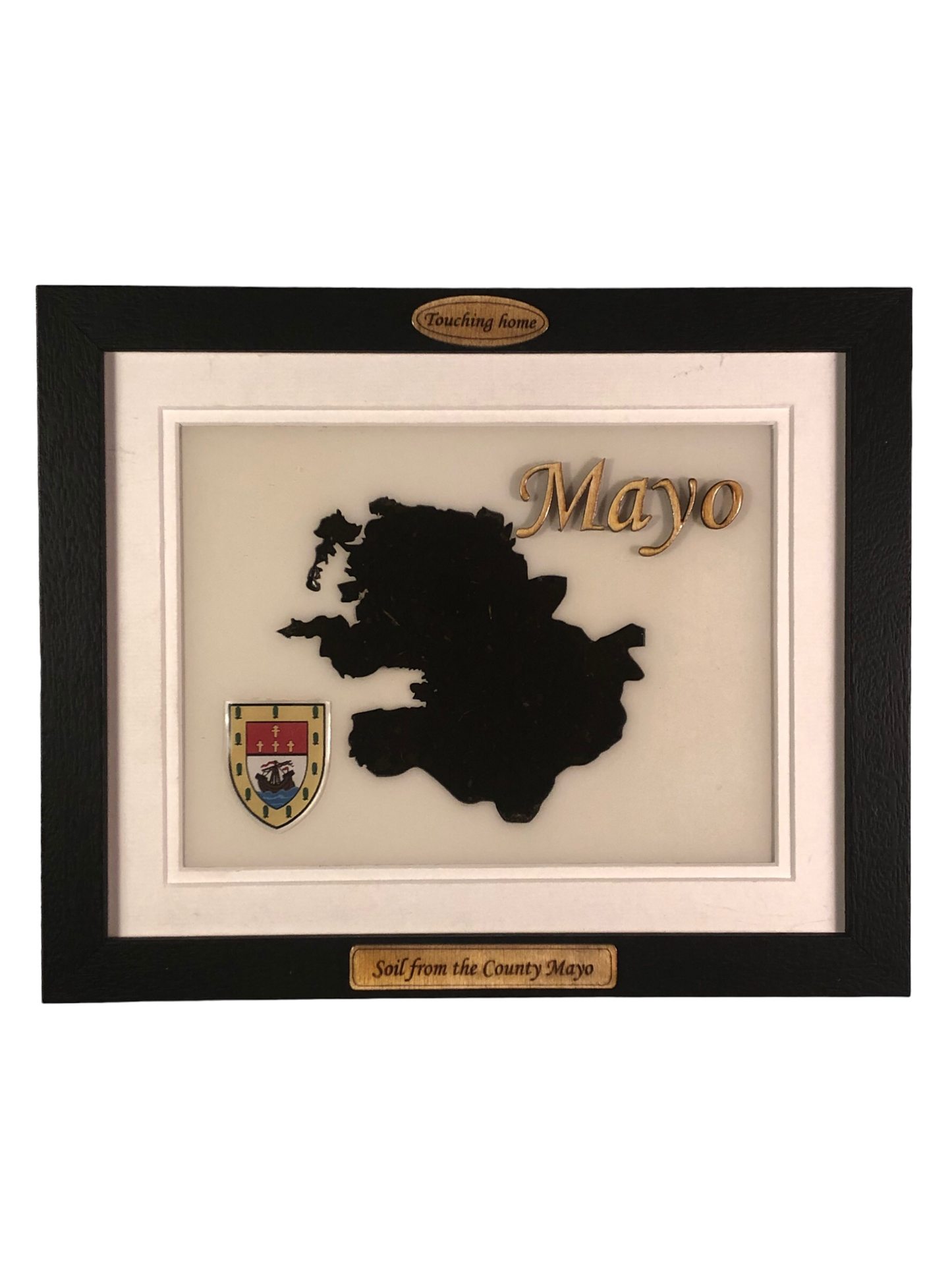 County Mayo white wood style plaque with authentic Mayo soil encased and displayed within