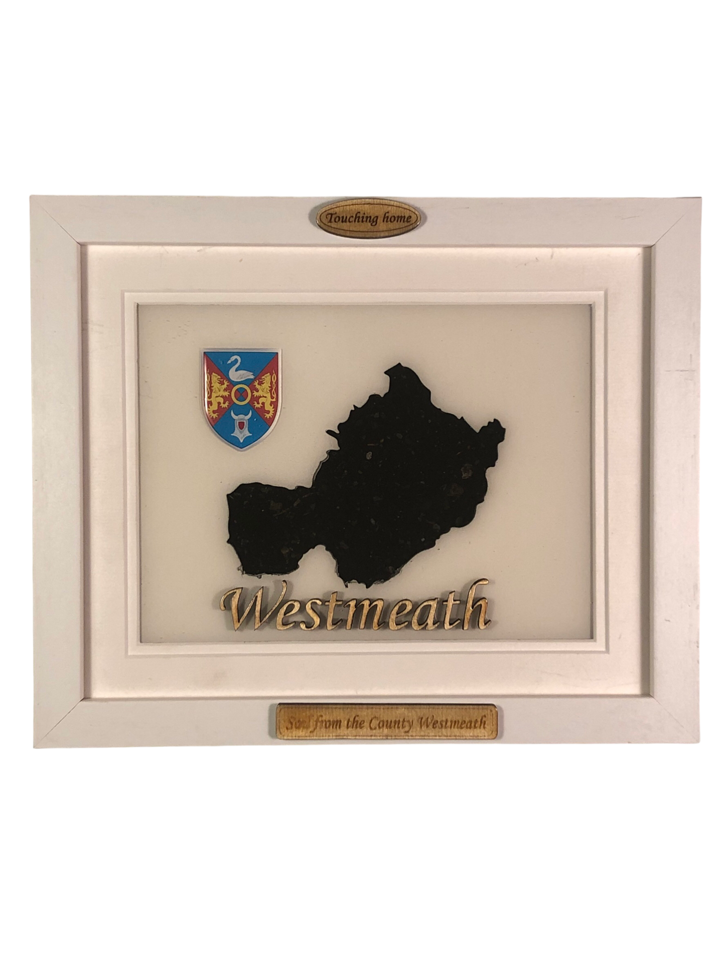 County Westmeath white wood style plaque with authentic Westmeath soil encased and displayed within