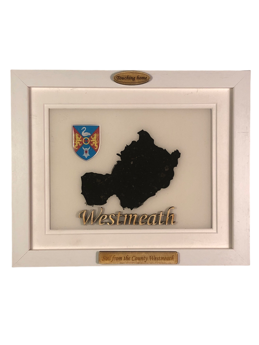 County Westmeath white wood style plaque with authentic Westmeath soil encased and displayed within